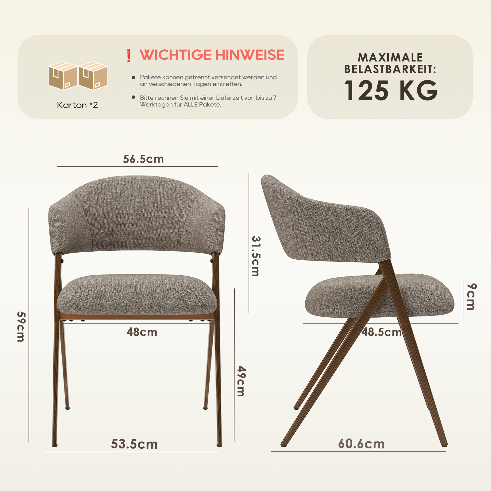 Sedia in tessuto grigio con gambe in legno, dimensioni fornite.