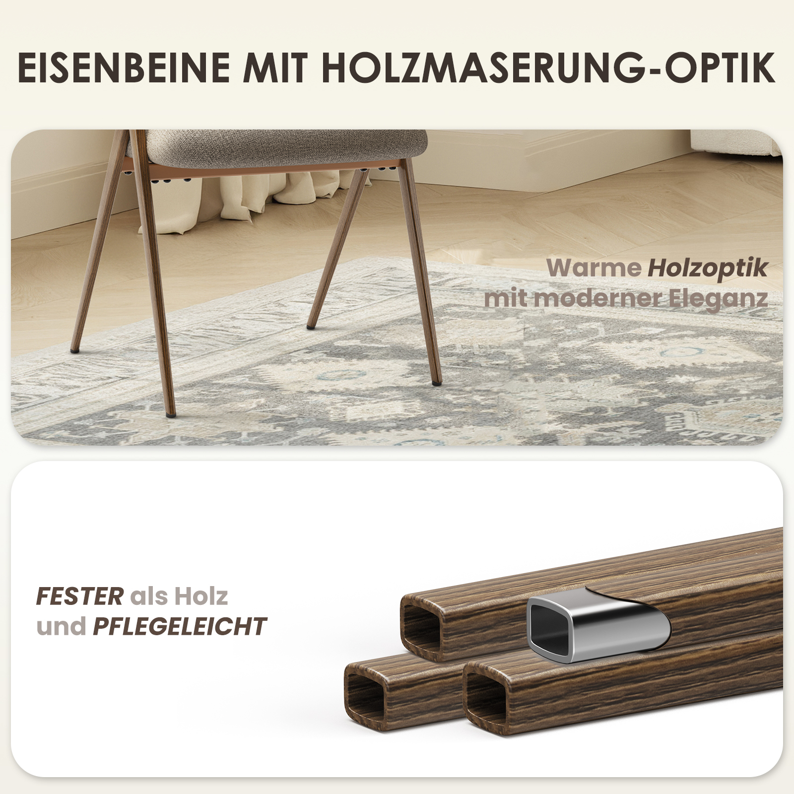 Sedia con gambe in ferro effetto legno su tappeto.