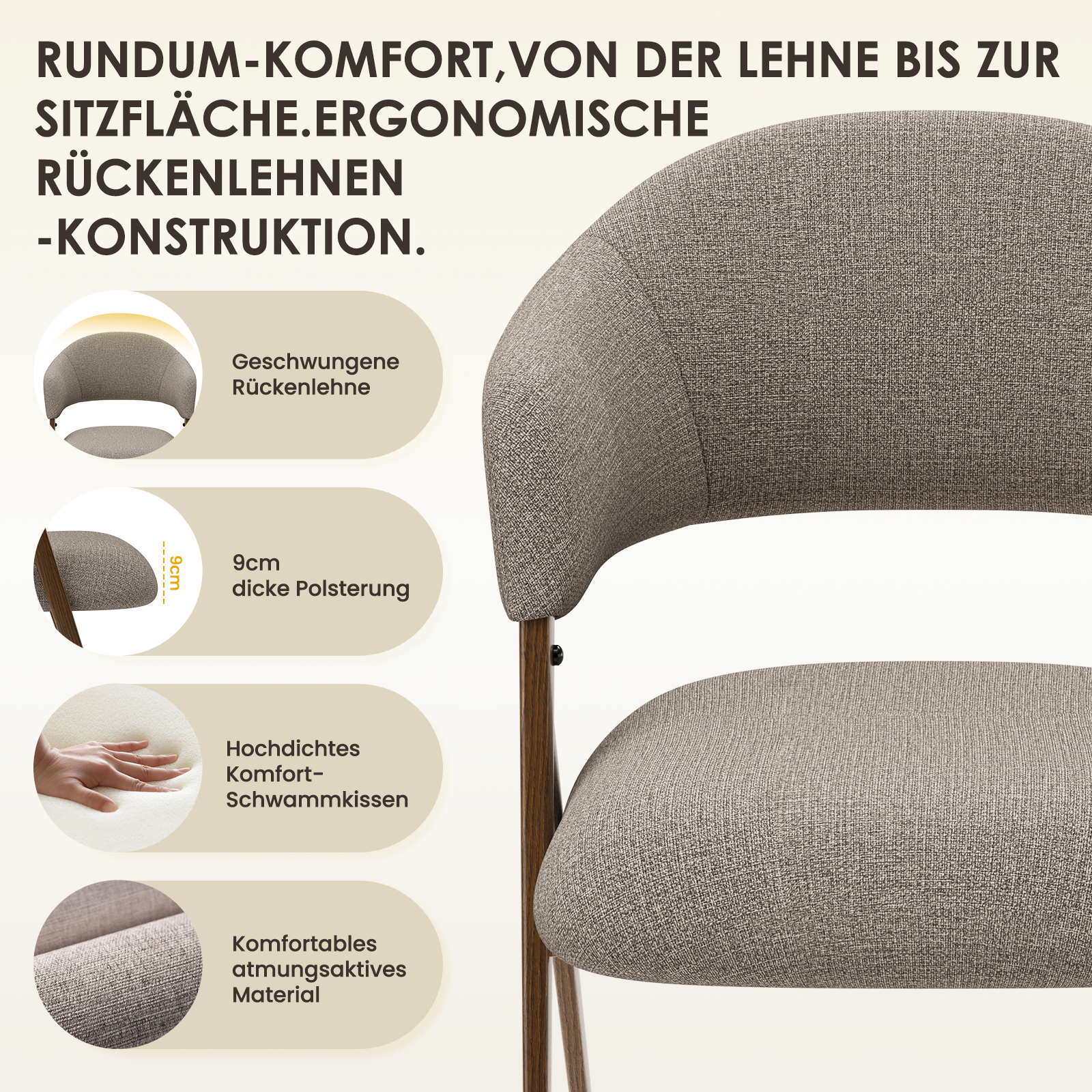 Sedia in tessuto grigio con gambe in legno, imbottitura 9cm, cuscino comfort.