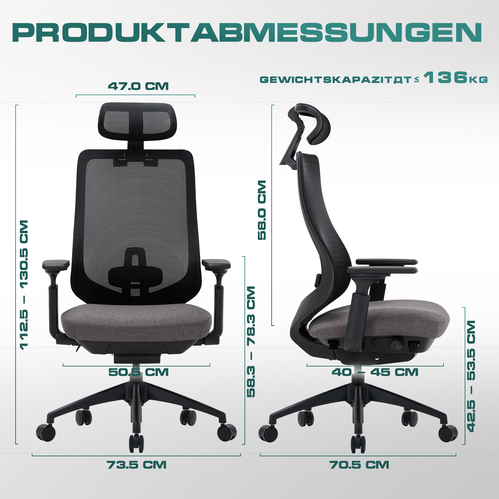 Silla de oficina con dimensiones: ancho 47cm, alto 112.5-130.5cm, fondo 73.5cm.