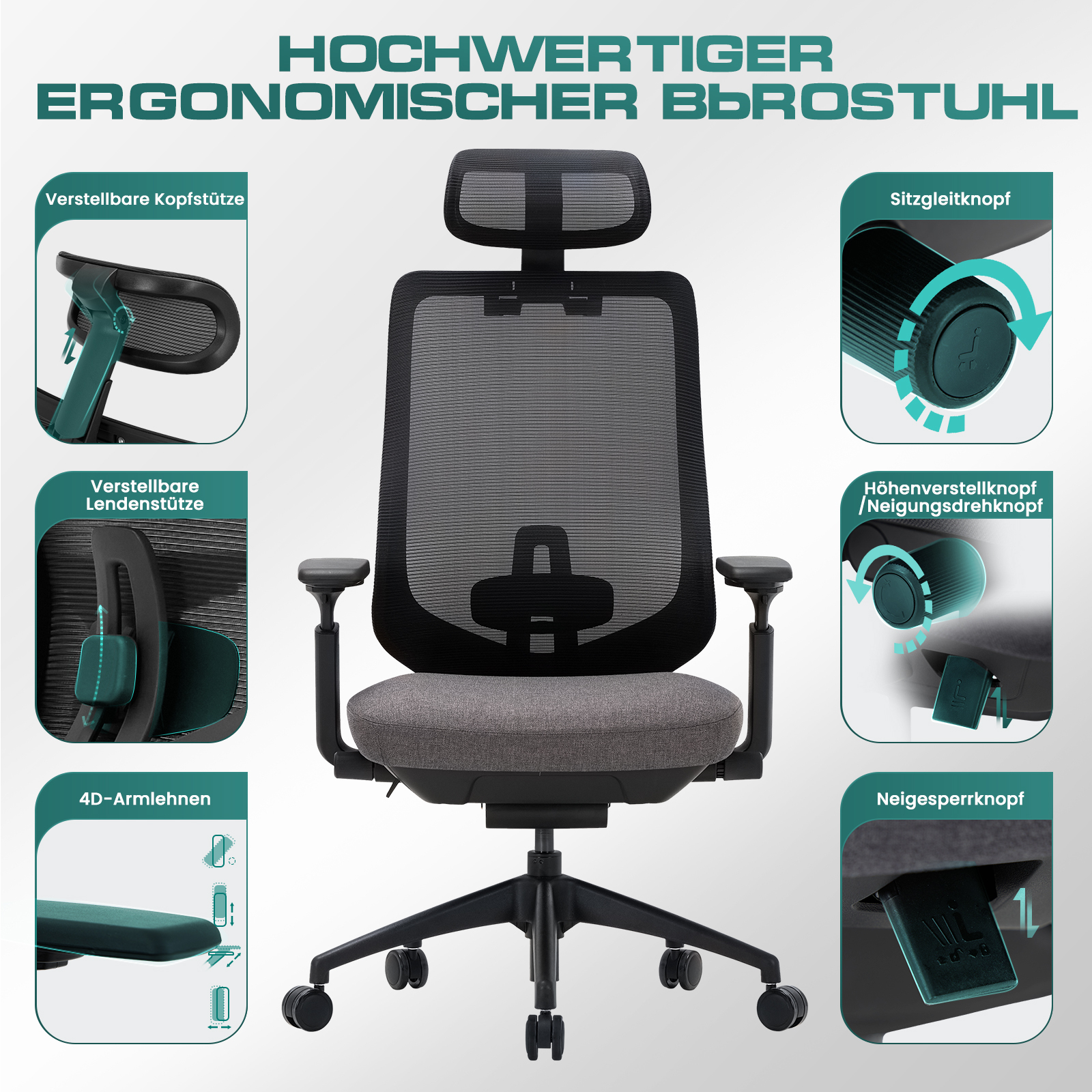 Silla de oficina ergonómica con reposacabezas, soporte lumbar, reposabrazos y funciones de asiento.