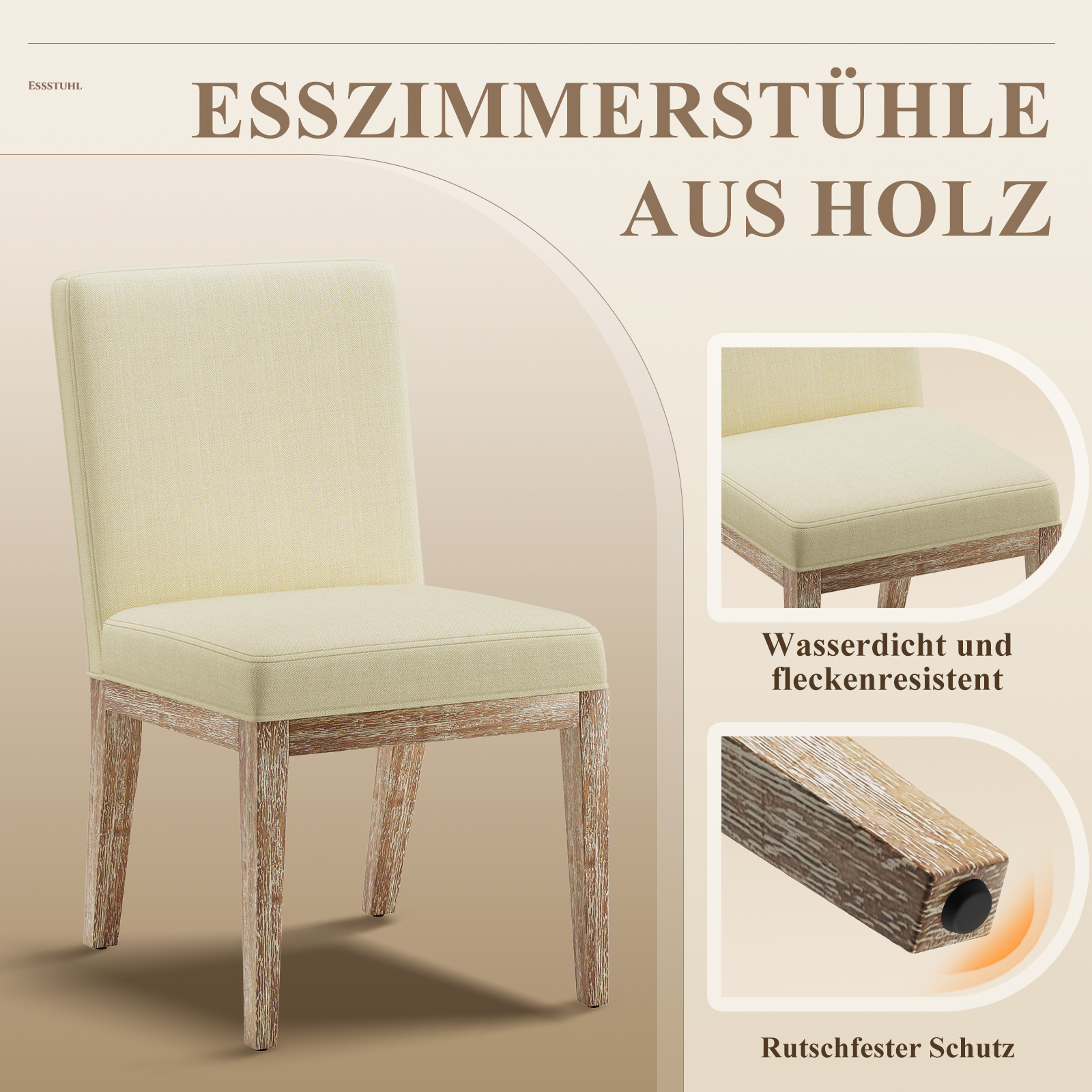 Ein heller Esszimmerstuhl aus Holz mit gepolsterter Sitzfläche und Rückenlehne.