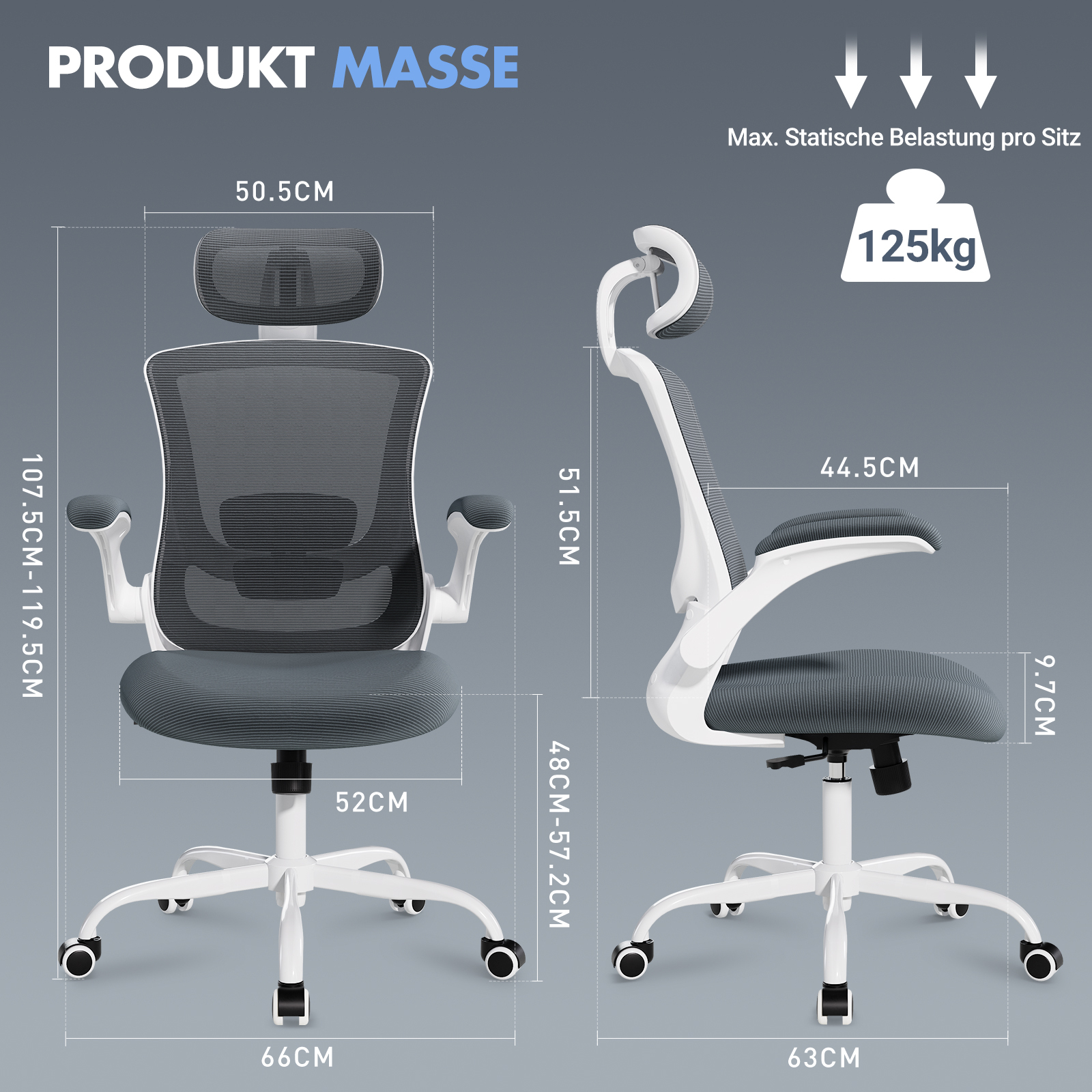 Silla de oficina gris con reposacabezas y reposabrazos ajustables, dimensiones mostradas.