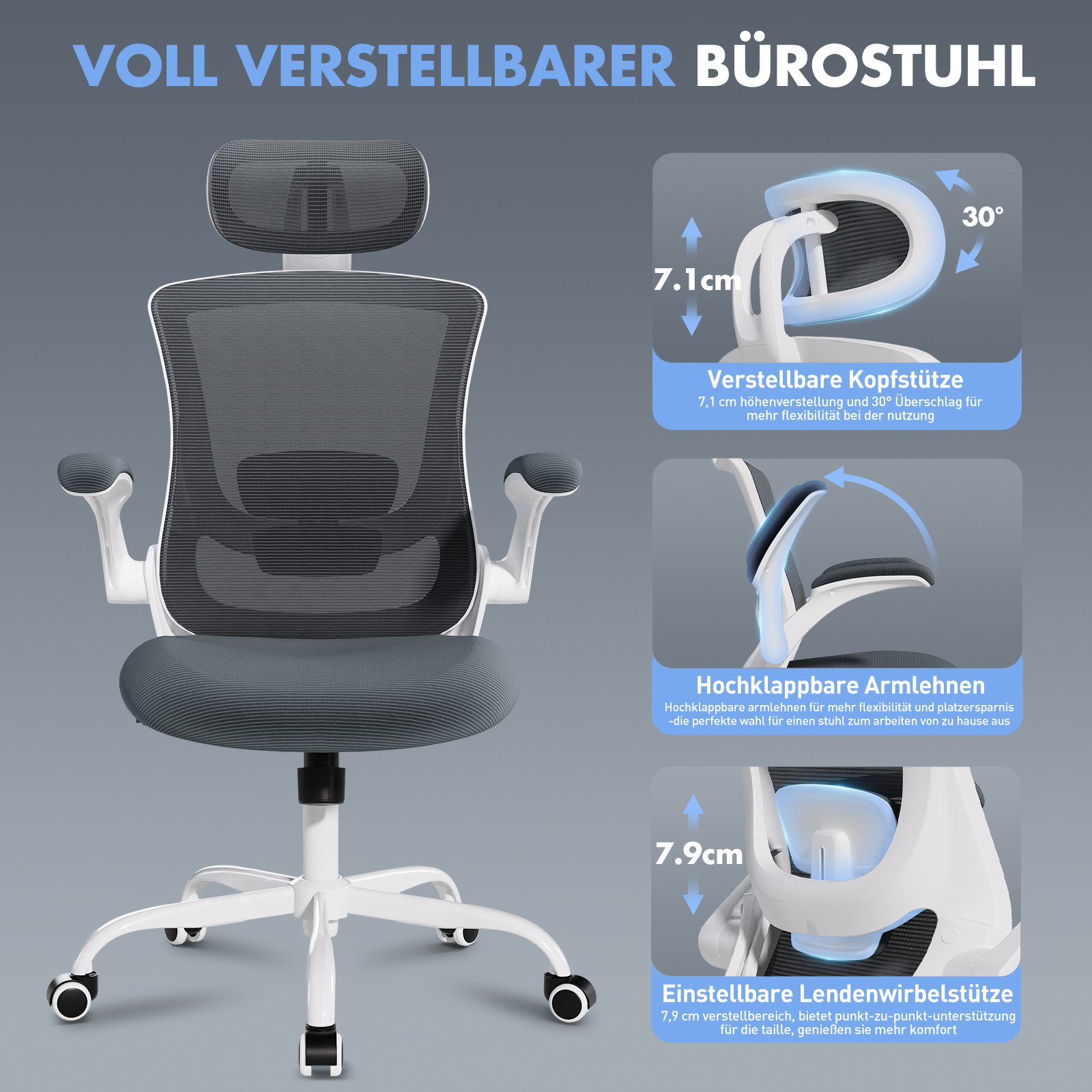 Una silla de oficina gris ajustable con reposacabezas, reposabrazos y soporte lumbar.