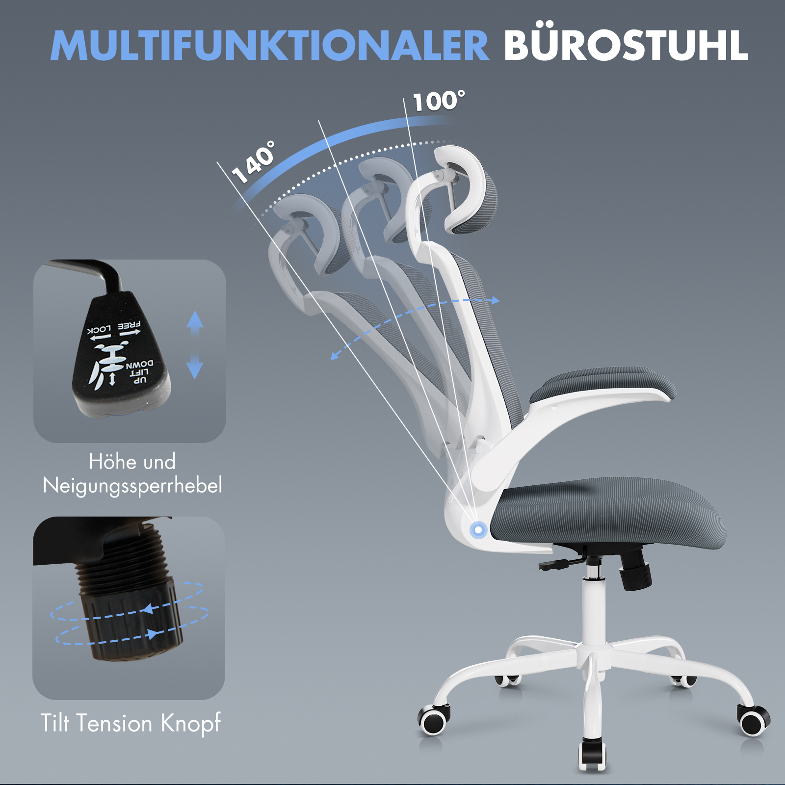 Una silla de oficina blanca con respaldo ajustable y palancas de control.