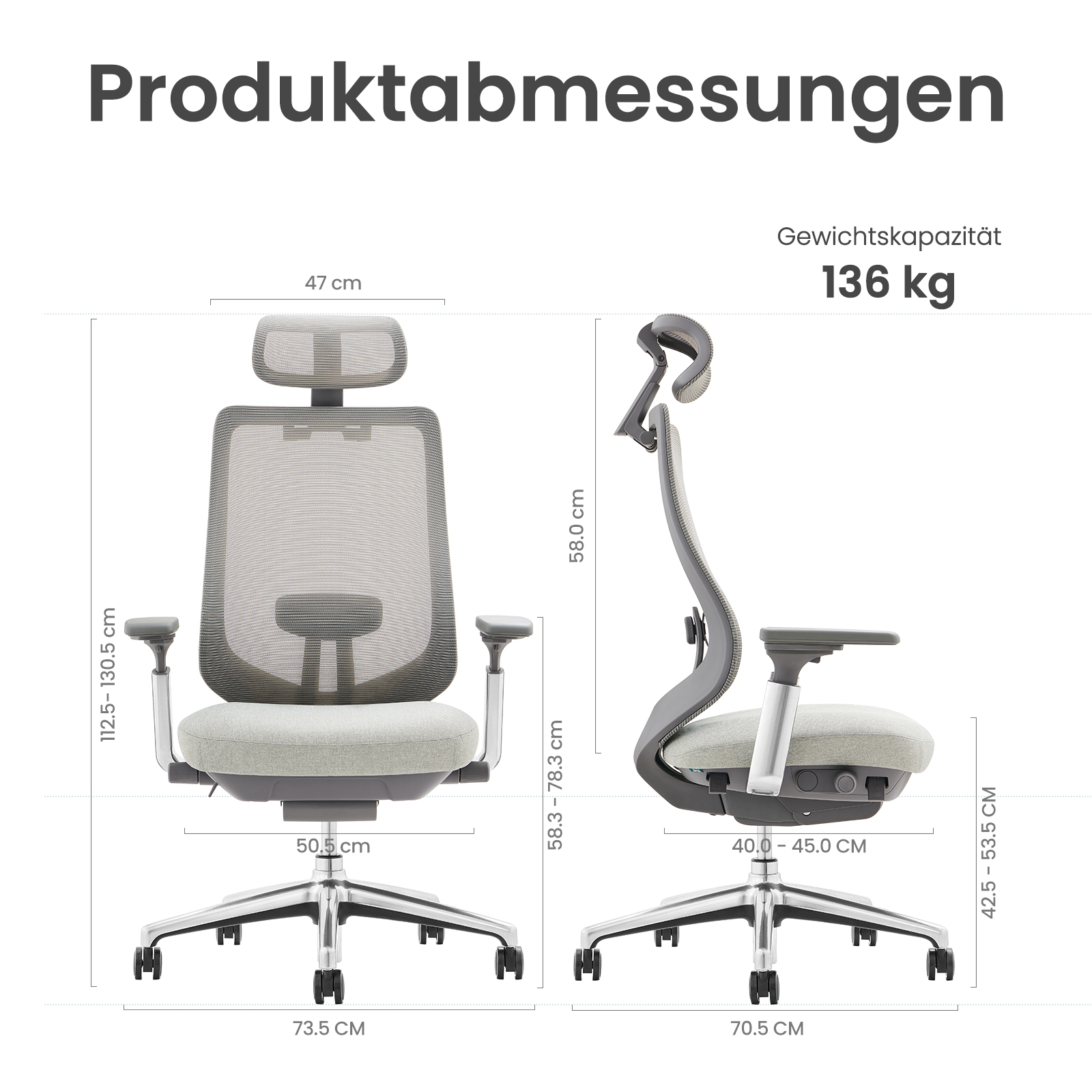 Bürostuhl mit Maßen und Gewichtskapazität von 136 kg.