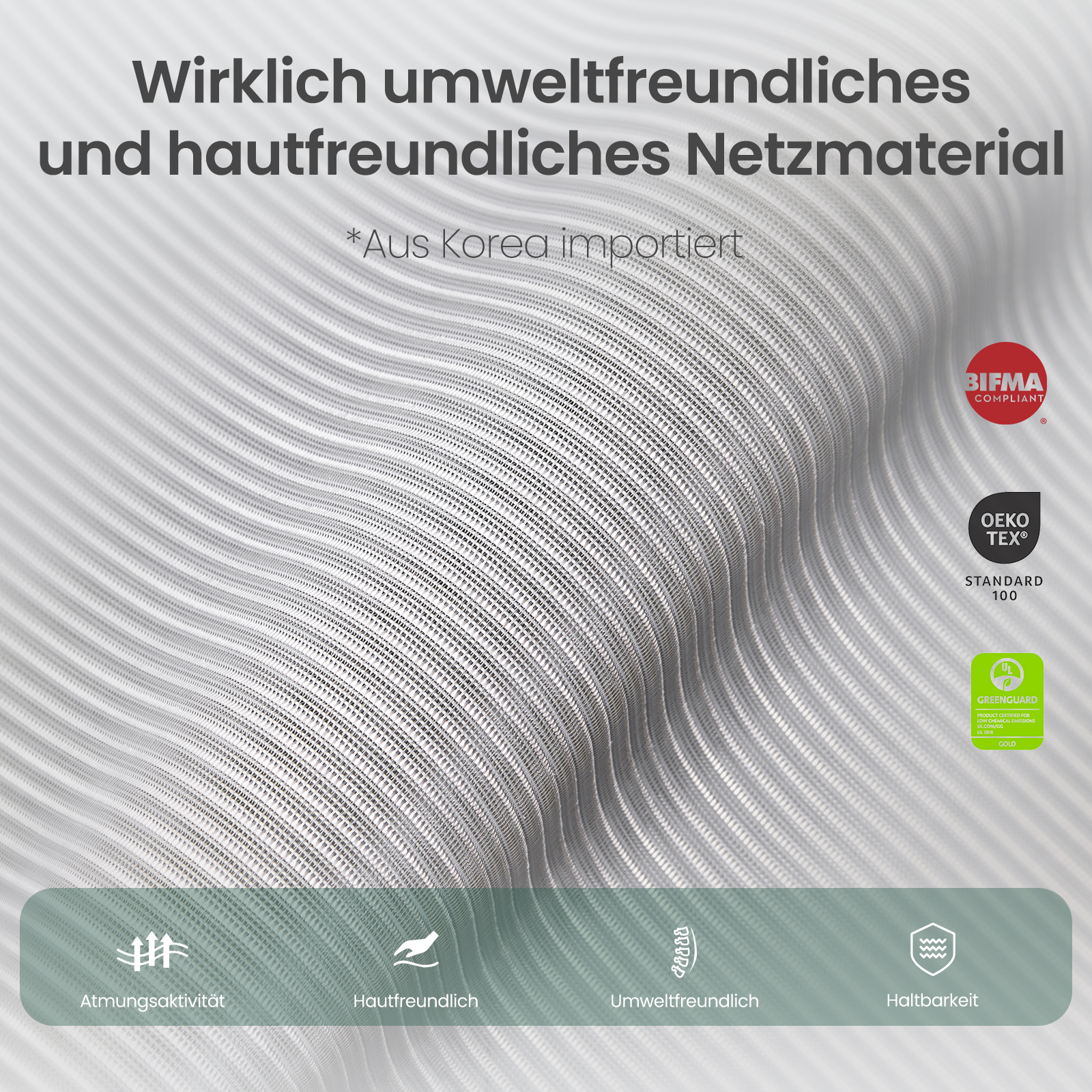 Graues Netzmaterial mit Zertifikaten: BIFMA, OEKO-TEX, GREENGUARD.