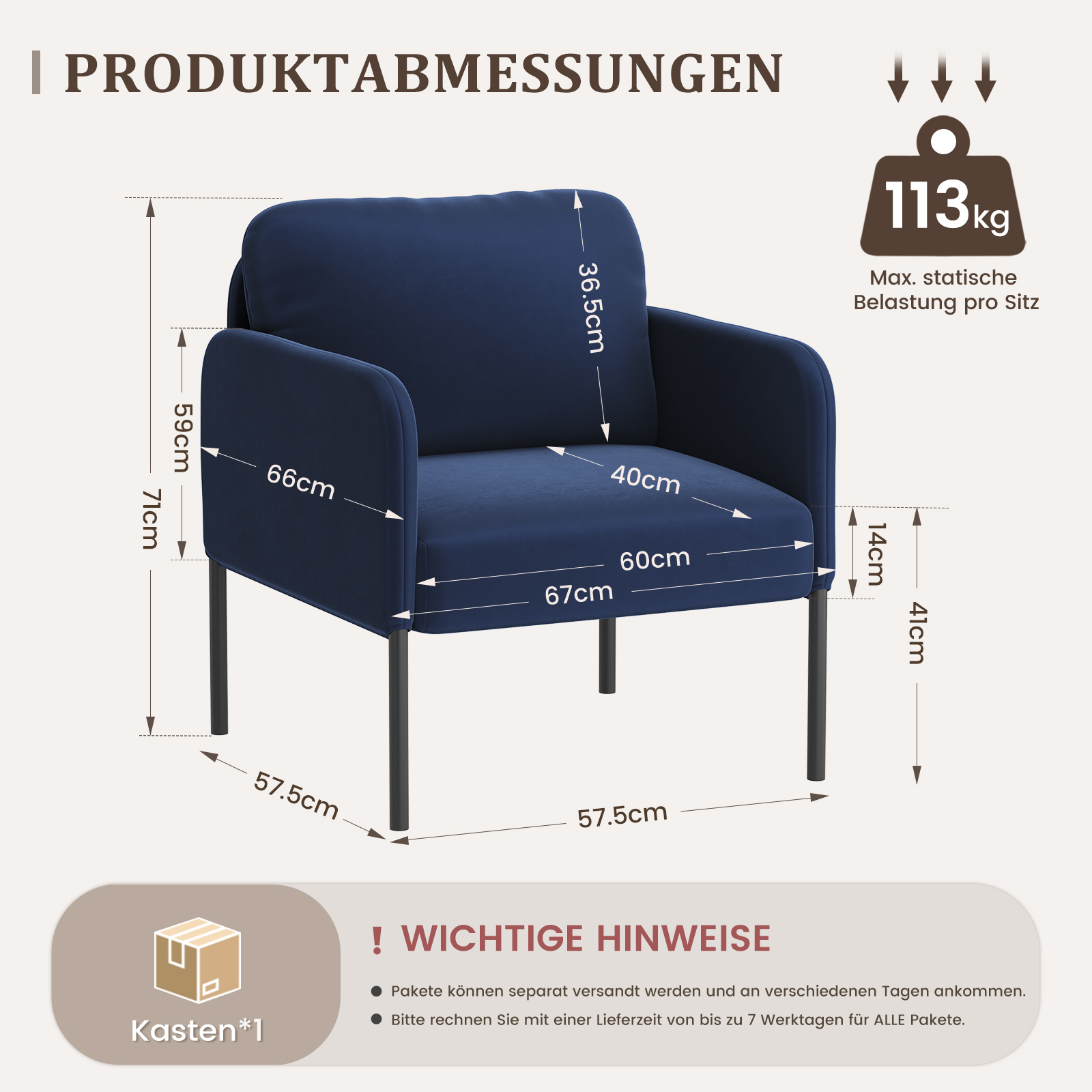 Poltrona blu scuro con dimensioni: 66cm larghezza, 71cm altezza, 57.5cm profondità.