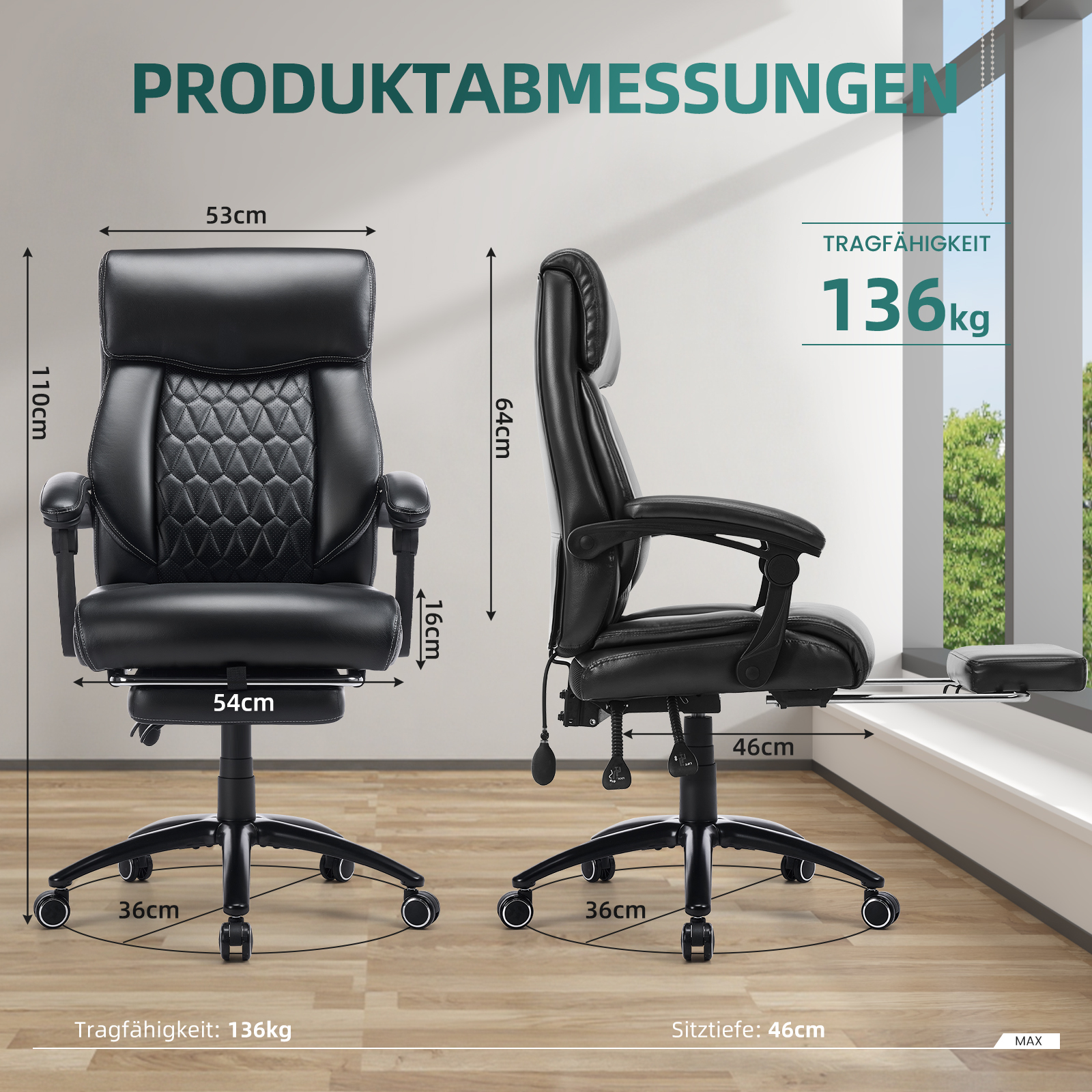 Silla de oficina negra con dimensiones y 136kg de carga.