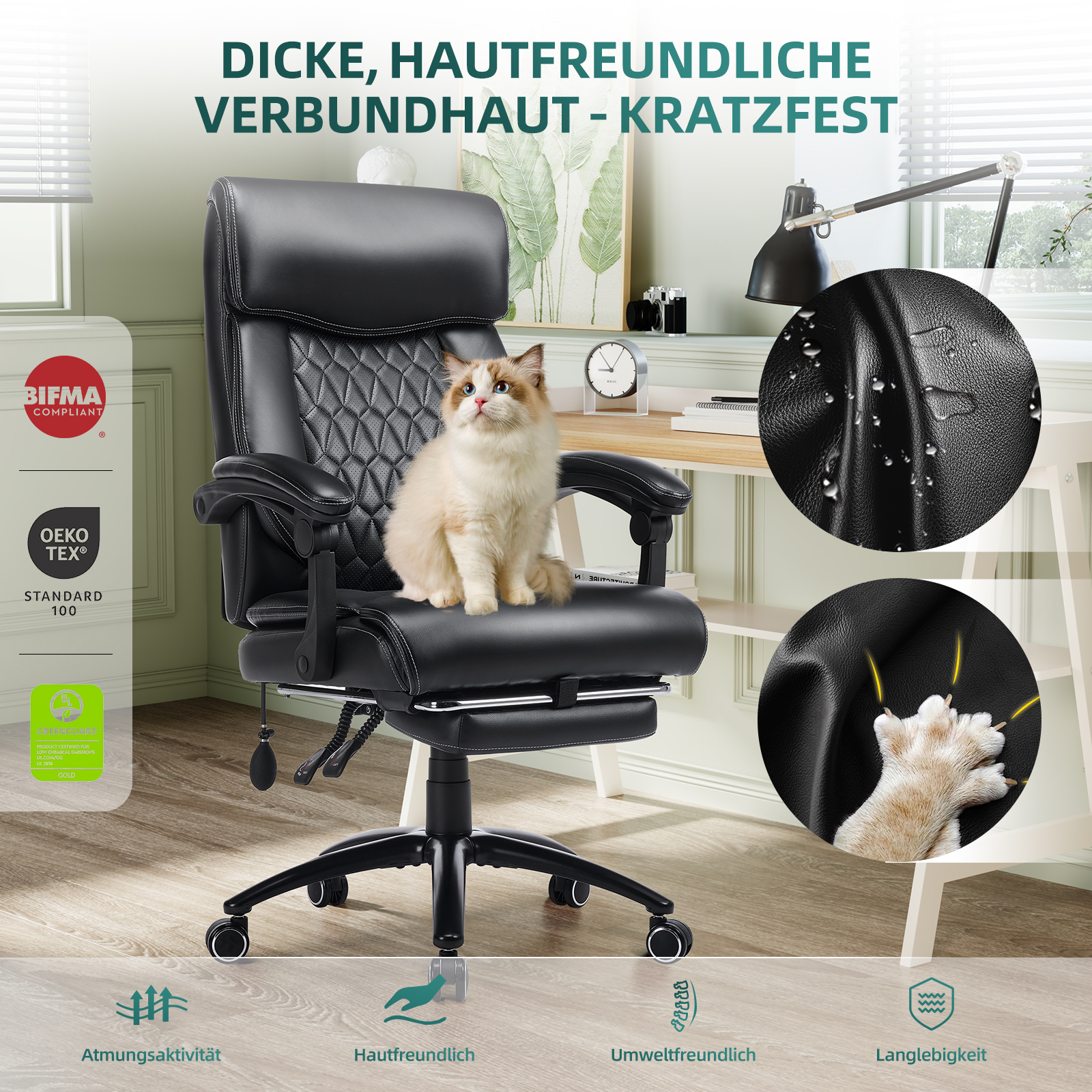 Silla de oficina negra con gato, superficie resistente al agua y arañazos. Certificaciones.