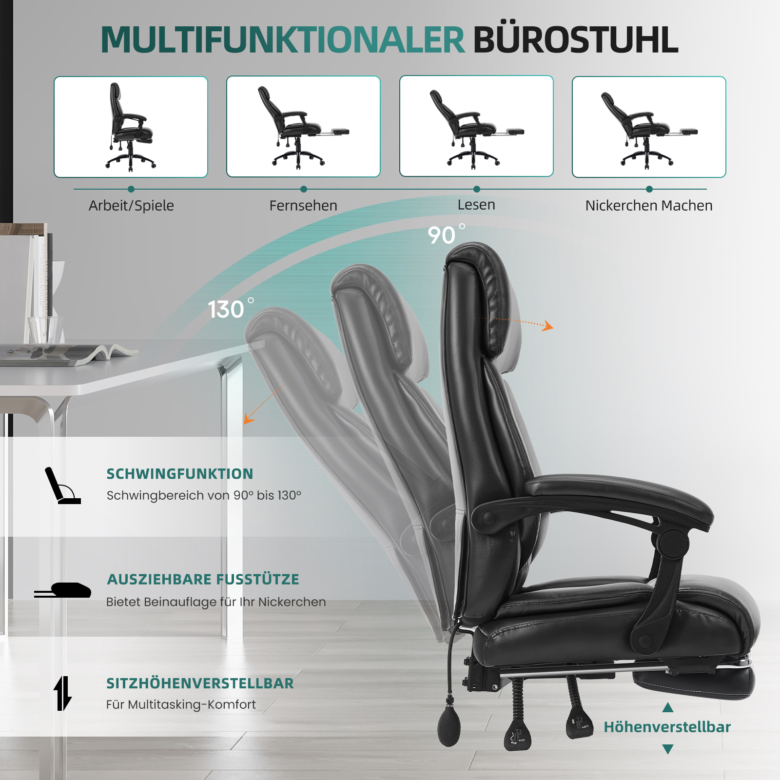 Silla de oficina negra con reposapiés extraíble y respaldo ajustable.