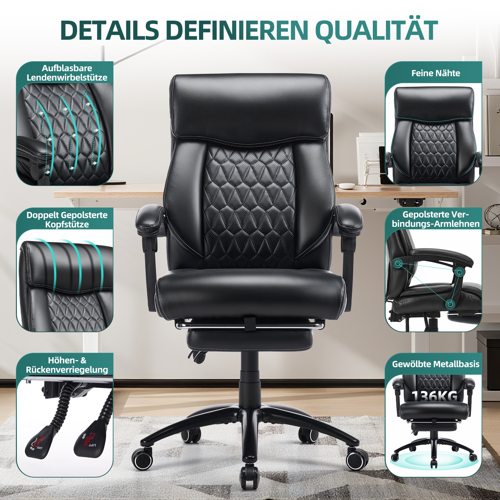 Silla de oficina negra con múltiples vistas detalladas: soporte lumbar, reposacabezas, reposabrazos, costuras, base metálica.