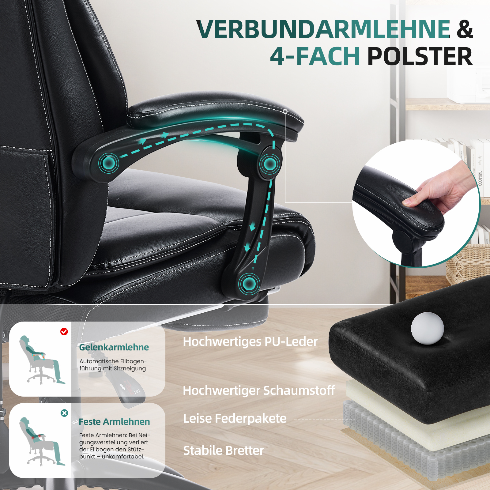 Silla de oficina negra con reposabrazos ajustables, cuero PU y espuma.
