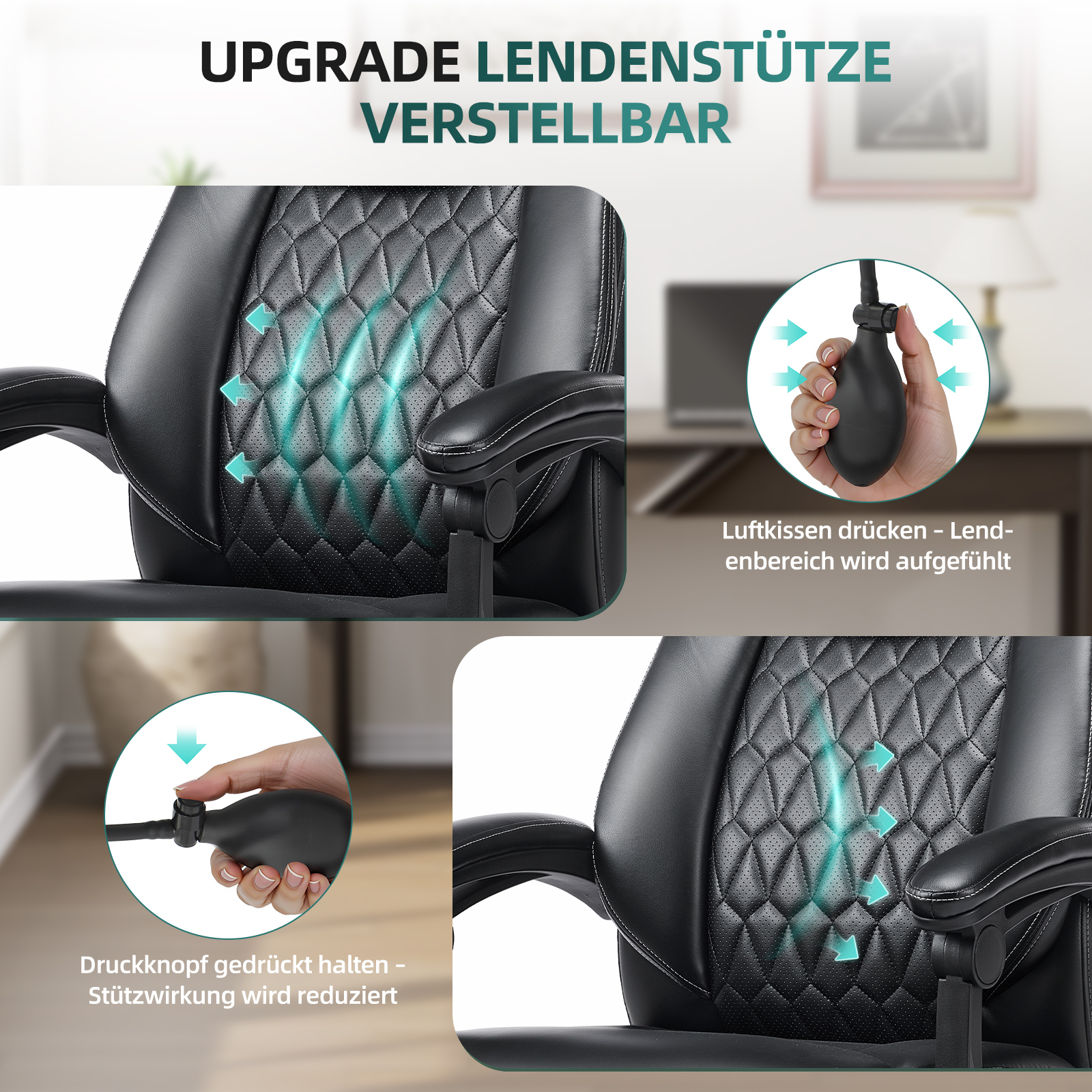 Silla de oficina negra con soporte lumbar ajustable, bomba de aire.