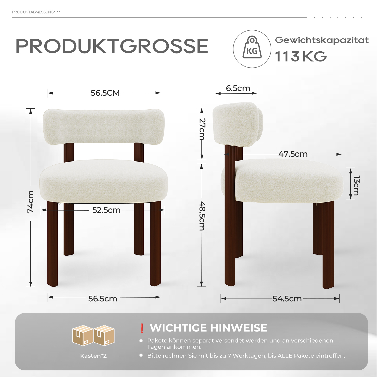 Due sedie con rivestimento color crema e gambe marrone scuro. Dimensioni e capacità di peso mostrate.