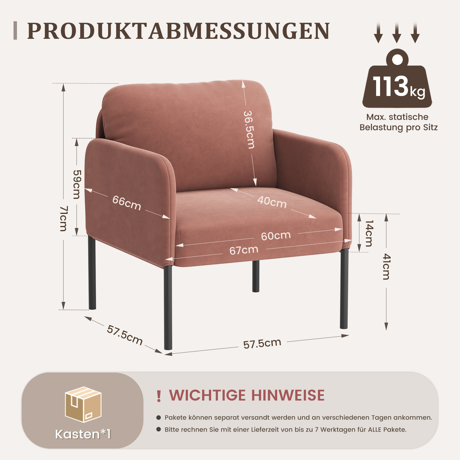 Una poltrona rosa con dimensioni e limite di peso. Carico max. 113kg.