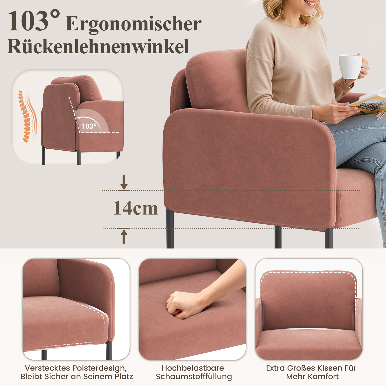 Una poltrona rosa con schienale ergonomico e altezza seduta 14 cm.