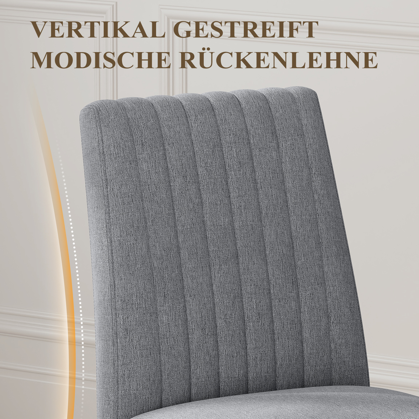 Sedia grigia con cuciture verticali e testo. Design moderno.