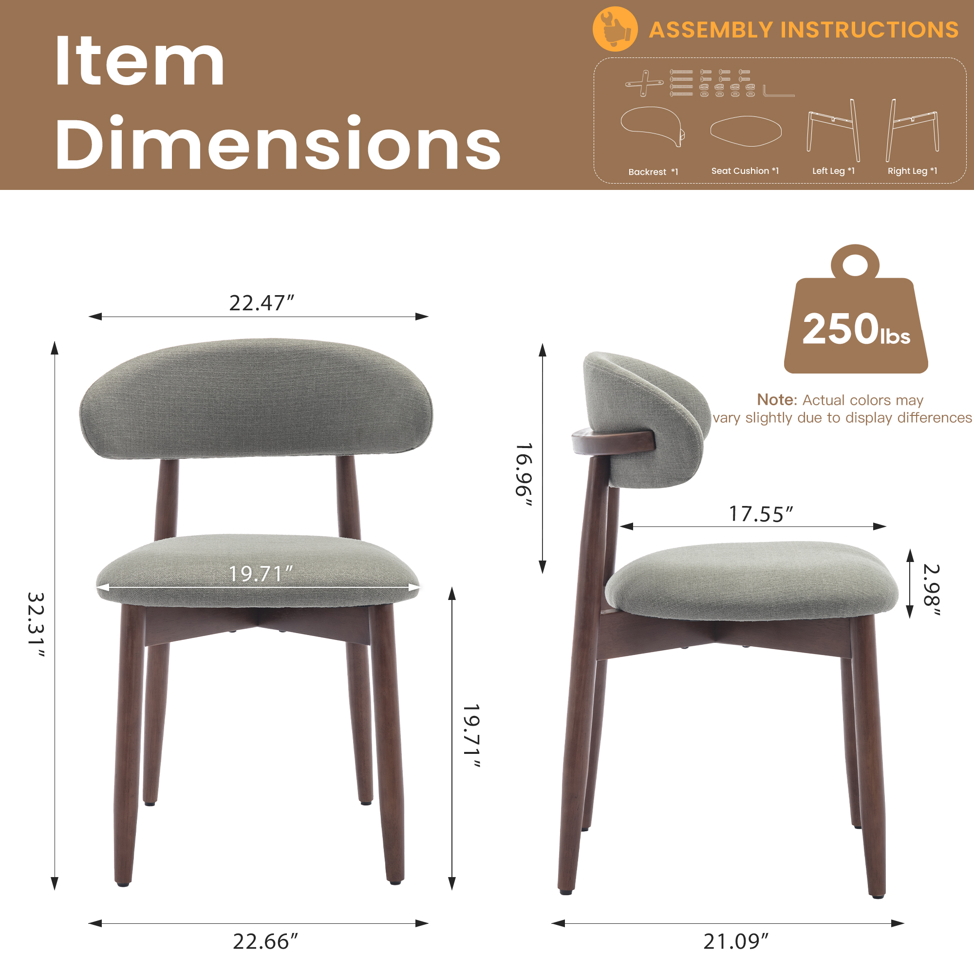 Artikelabmessungen: Stuhl Vorderansicht B:22,47", H:32,31", T:22,66". Stuhl Seitenansicht B:17,55", H:16,96", T:2,98".