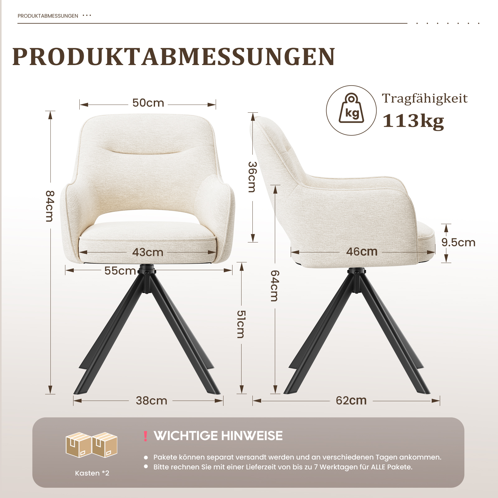 Dimensioni di una sedia color crema con base nera e capacità di carico 113kg.