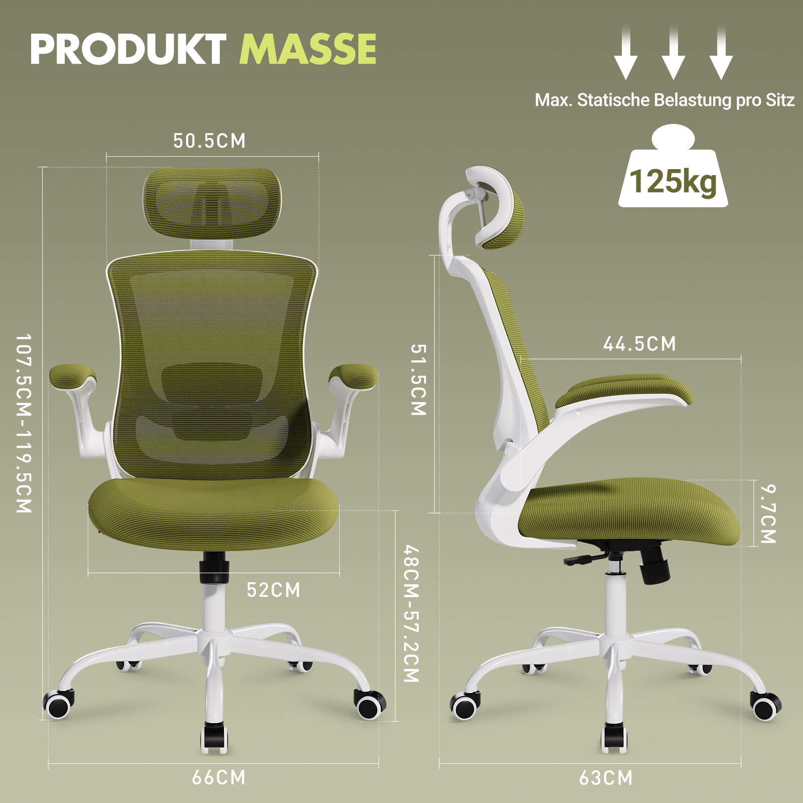 Silla de oficina verde con detalles blancos y medidas. Carga máx. 125kg.