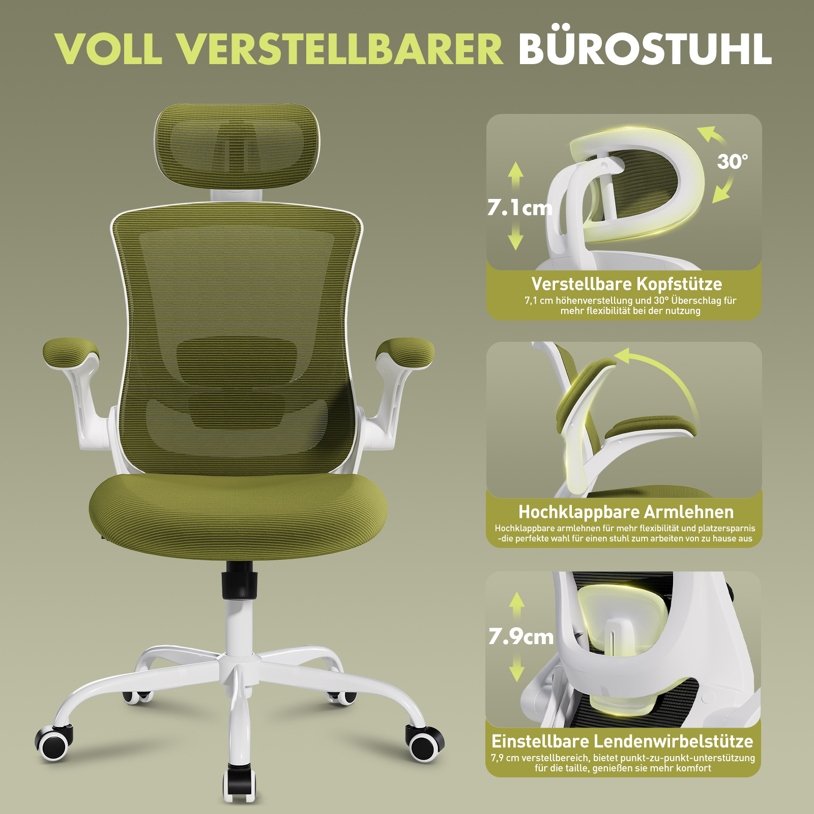 Silla de oficina verde con reposacabezas, reposabrazos y soporte lumbar ajustables.