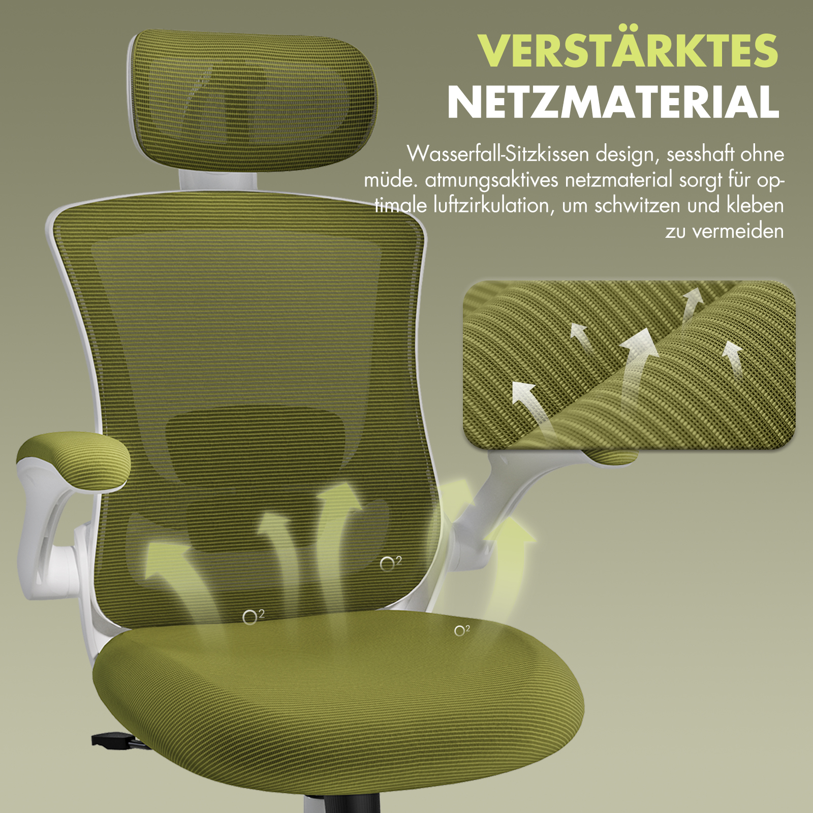 Silla de malla verde con flechas de flujo de aire indicando ventilación.