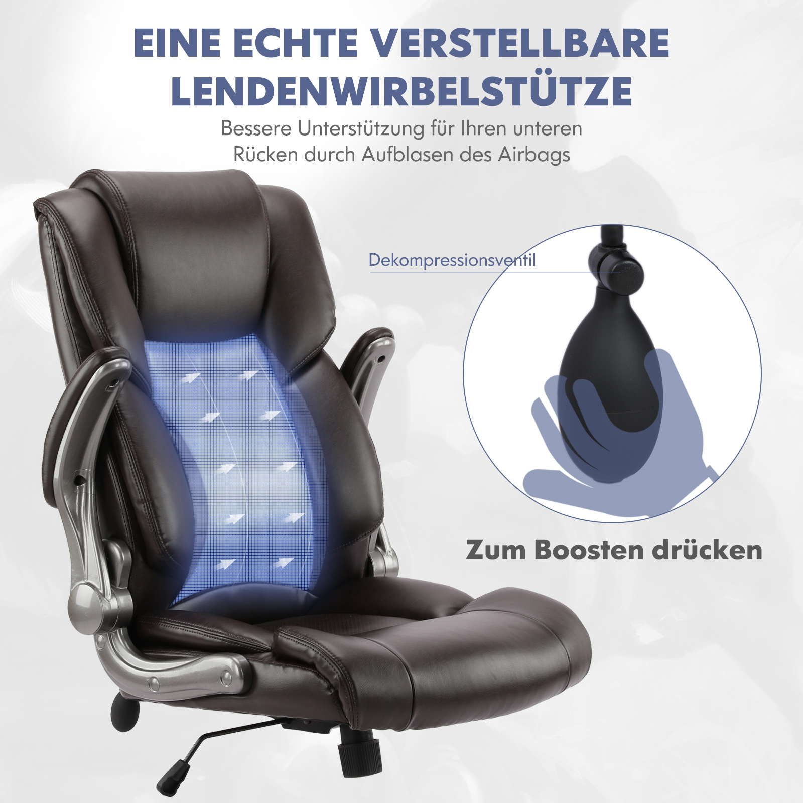 Silla de oficina marrón con soporte lumbar y bomba de aire.