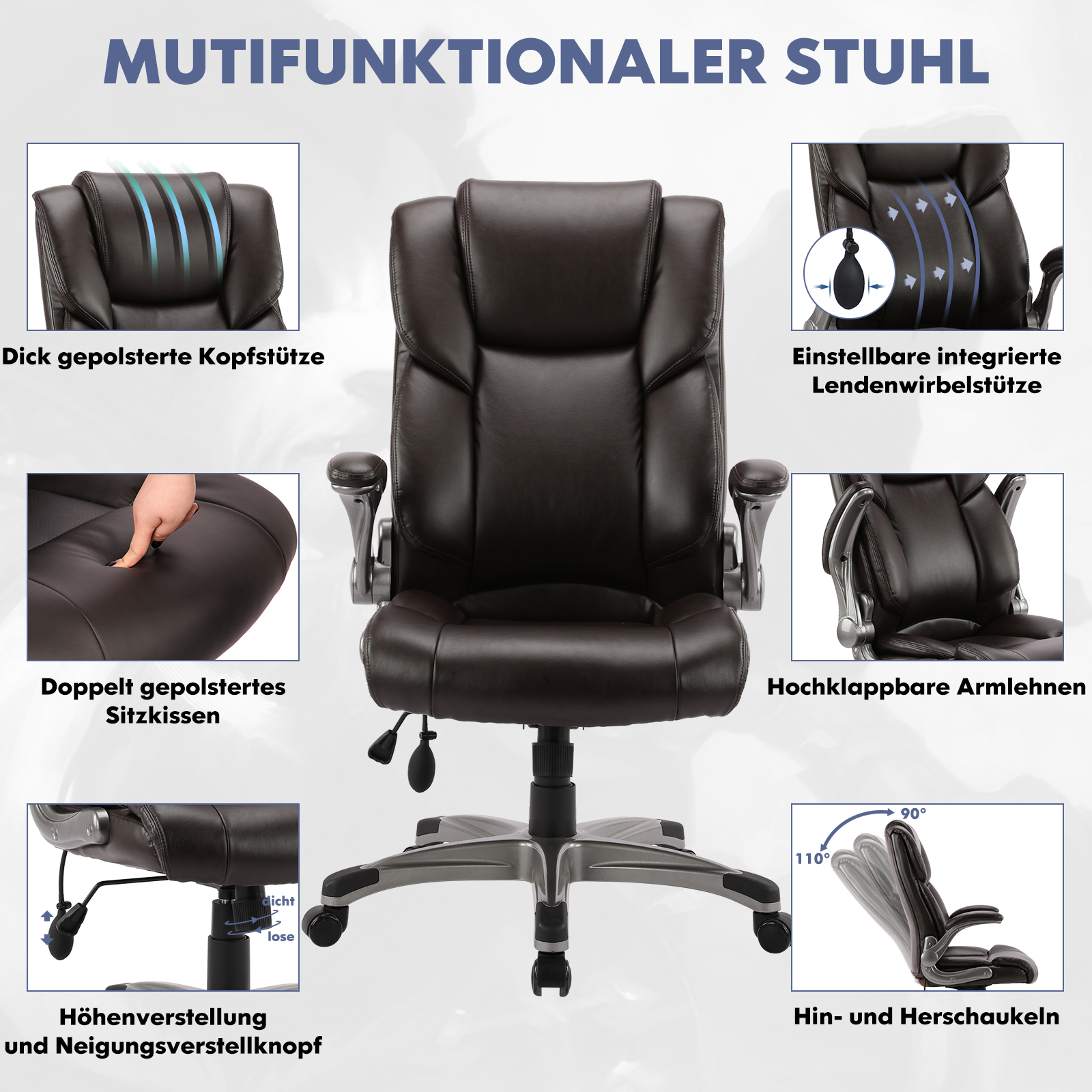 Silla de oficina marrón con soporte lumbar, reposacabezas y reposabrazos ajustables.