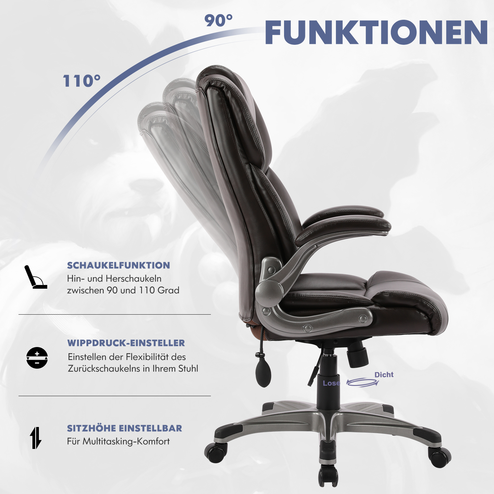 Una silla de oficina marrón con funciones como balanceo, tensión de inclinación y altura ajustable.