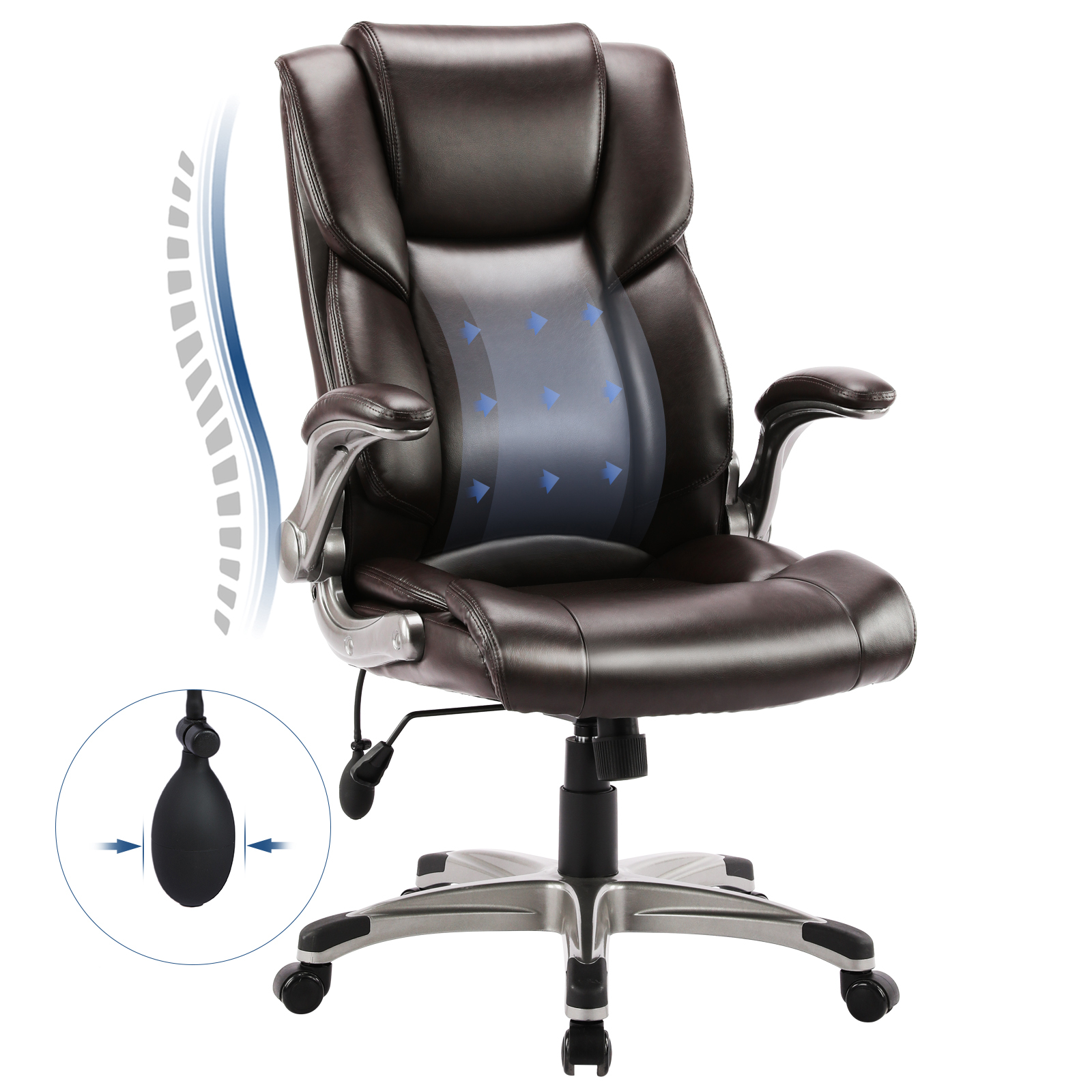Silla de oficina marrón con gráfico de soporte lumbar y cojín inflable.
