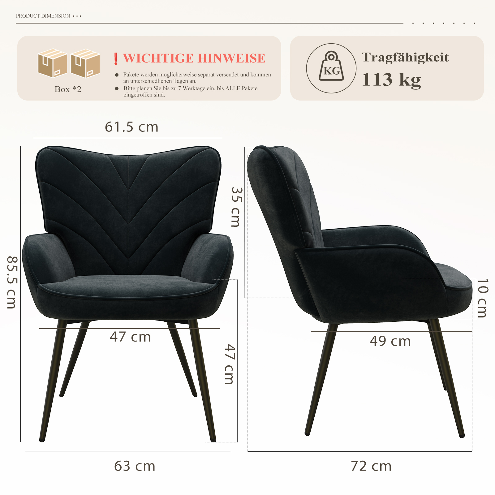 Dunkelgrauer Sessel mit Maßen: Breite 61,5cm, Höhe 85,5cm, Tiefe 72cm, Tragfähigkeit 113kg.