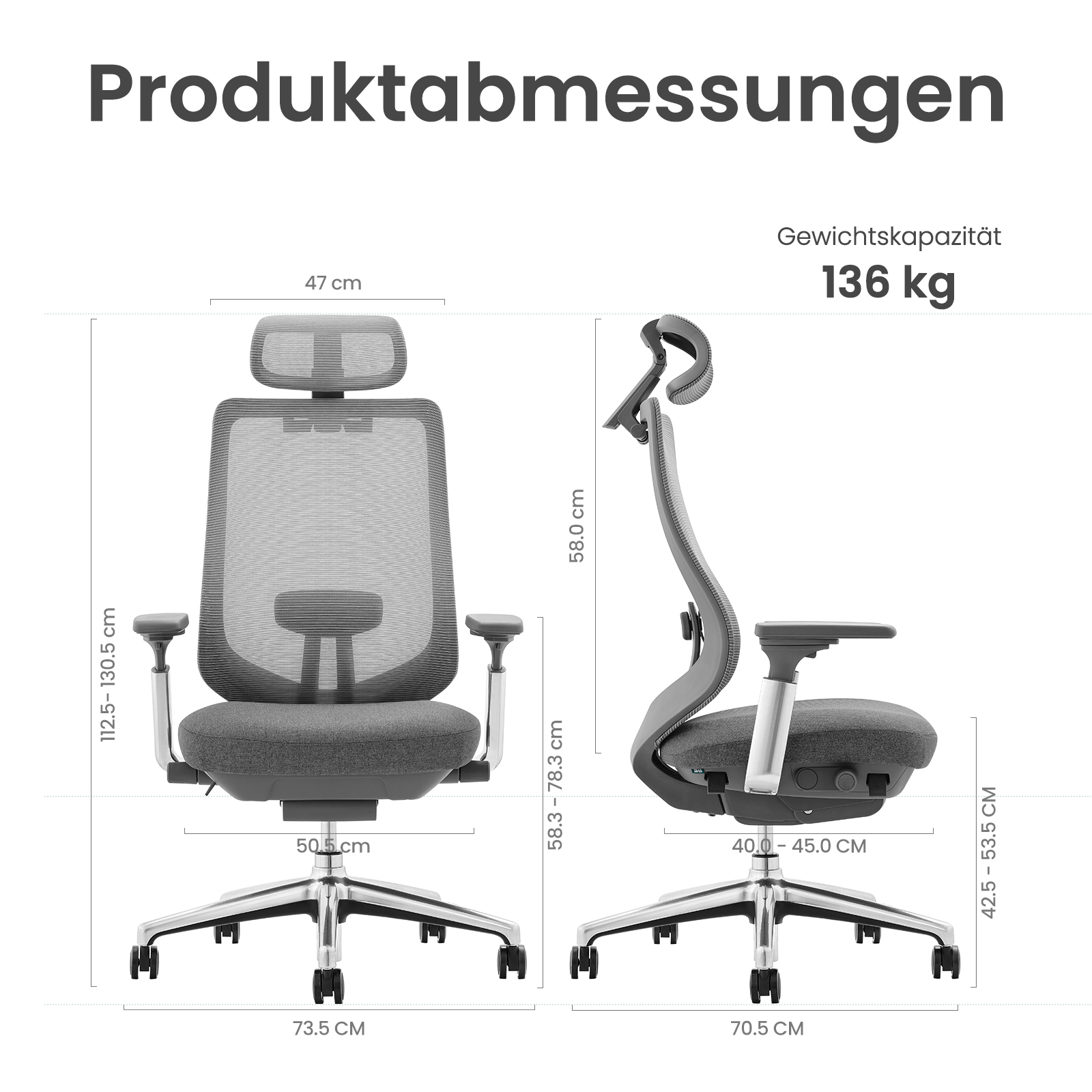 Grauer Bürostuhl mit Maßen und maximal 136 kg Traglast.