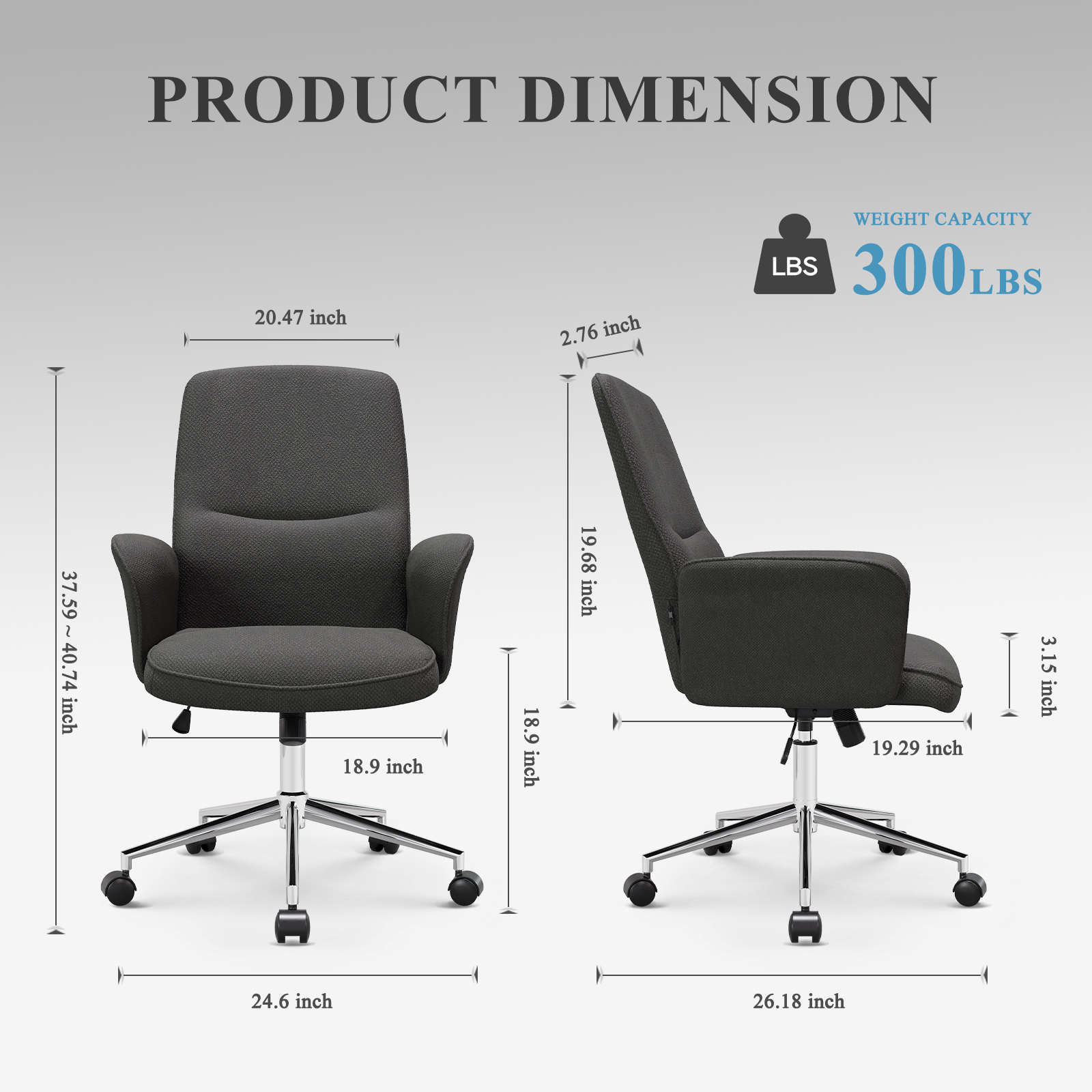 Silla de oficina gris con dimensiones y capacidad de 300 lbs.