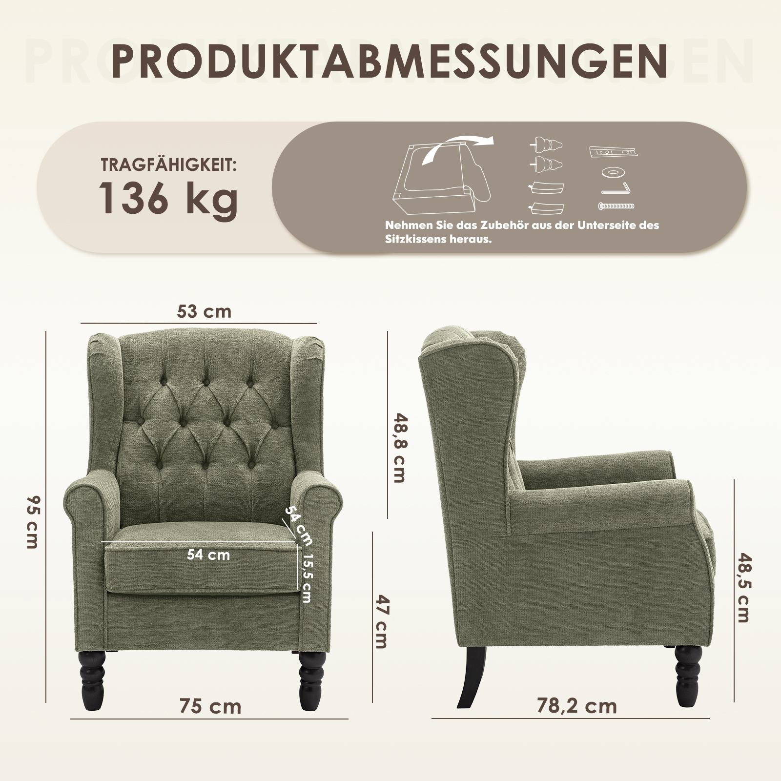 Poltrona verde con dimensioni e capacità di carico di 136 kg.