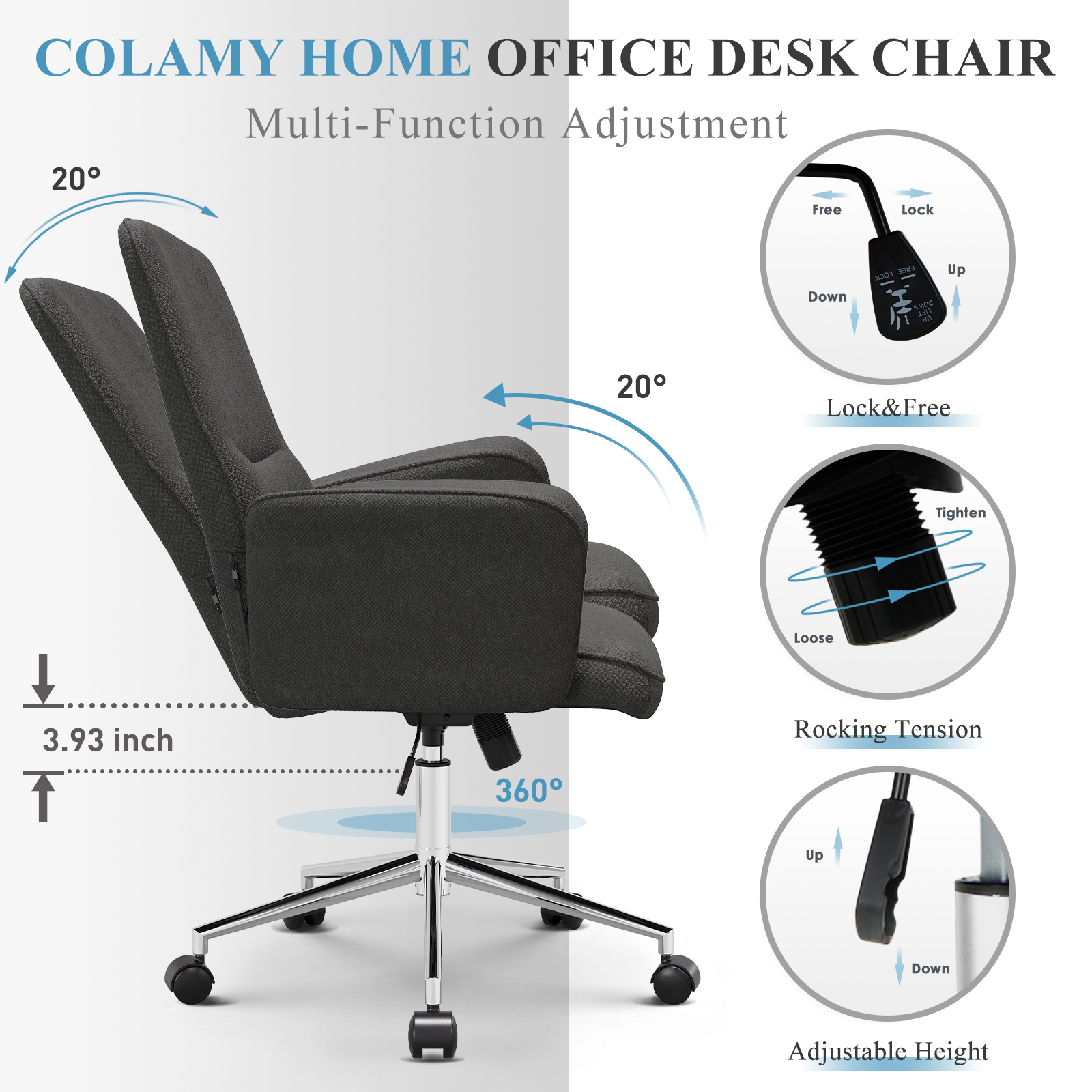 Silla de oficina negra con respaldo, reposabrazos y base con ruedas ajustables.