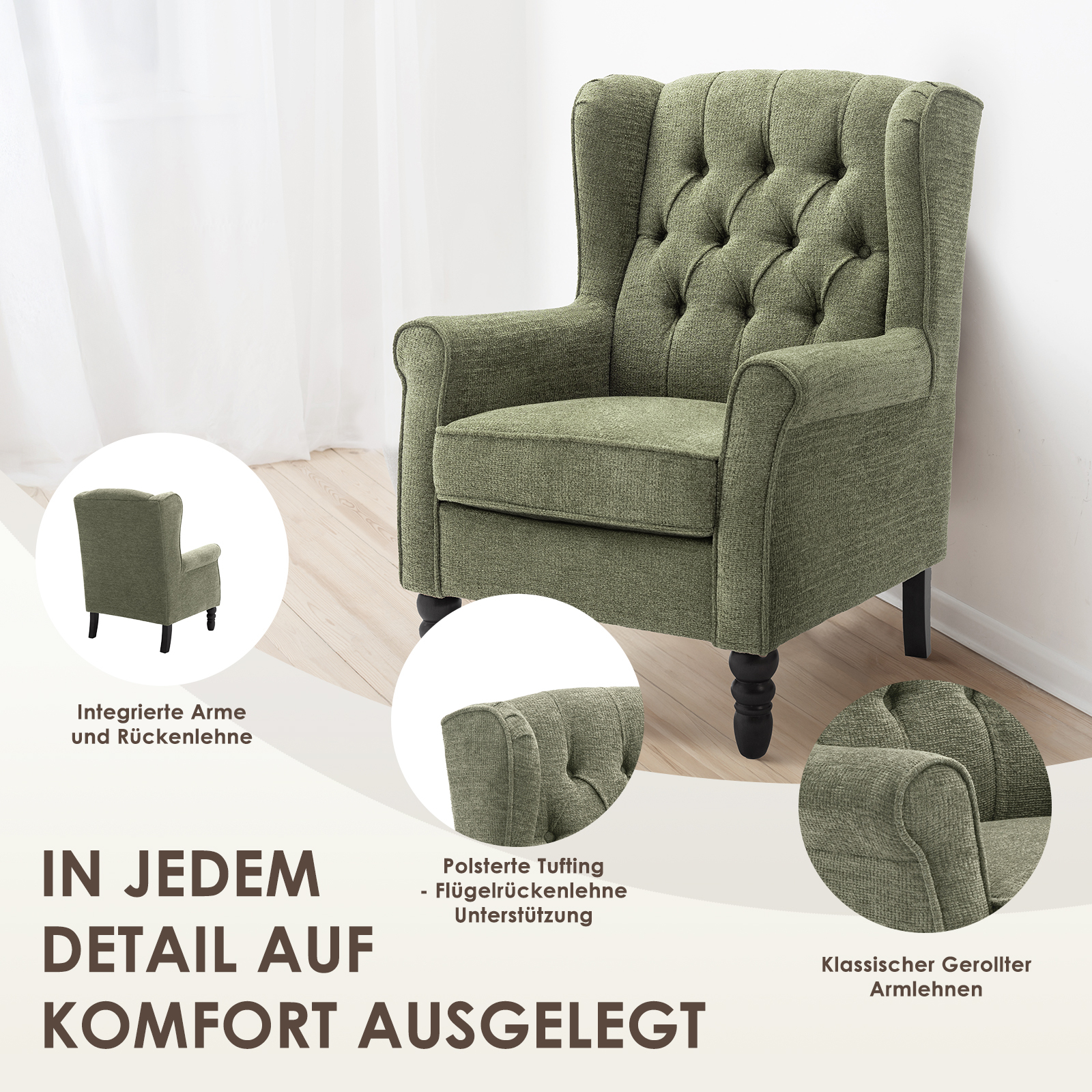 Una poltrona bergere verde con braccioli imbottiti e schienale trapuntato.