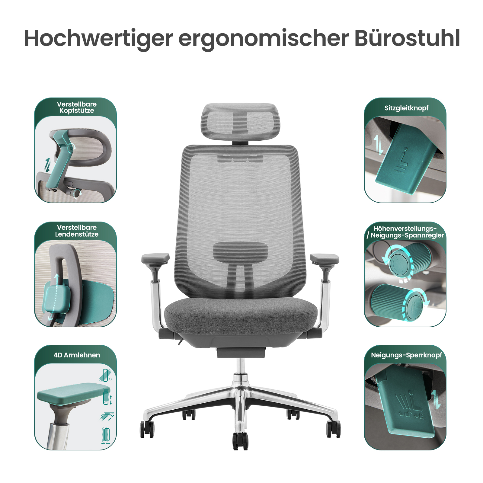 Grauer ergonomischer Bürostuhl mit verstellbaren Elementen und Detailaufnahmen.