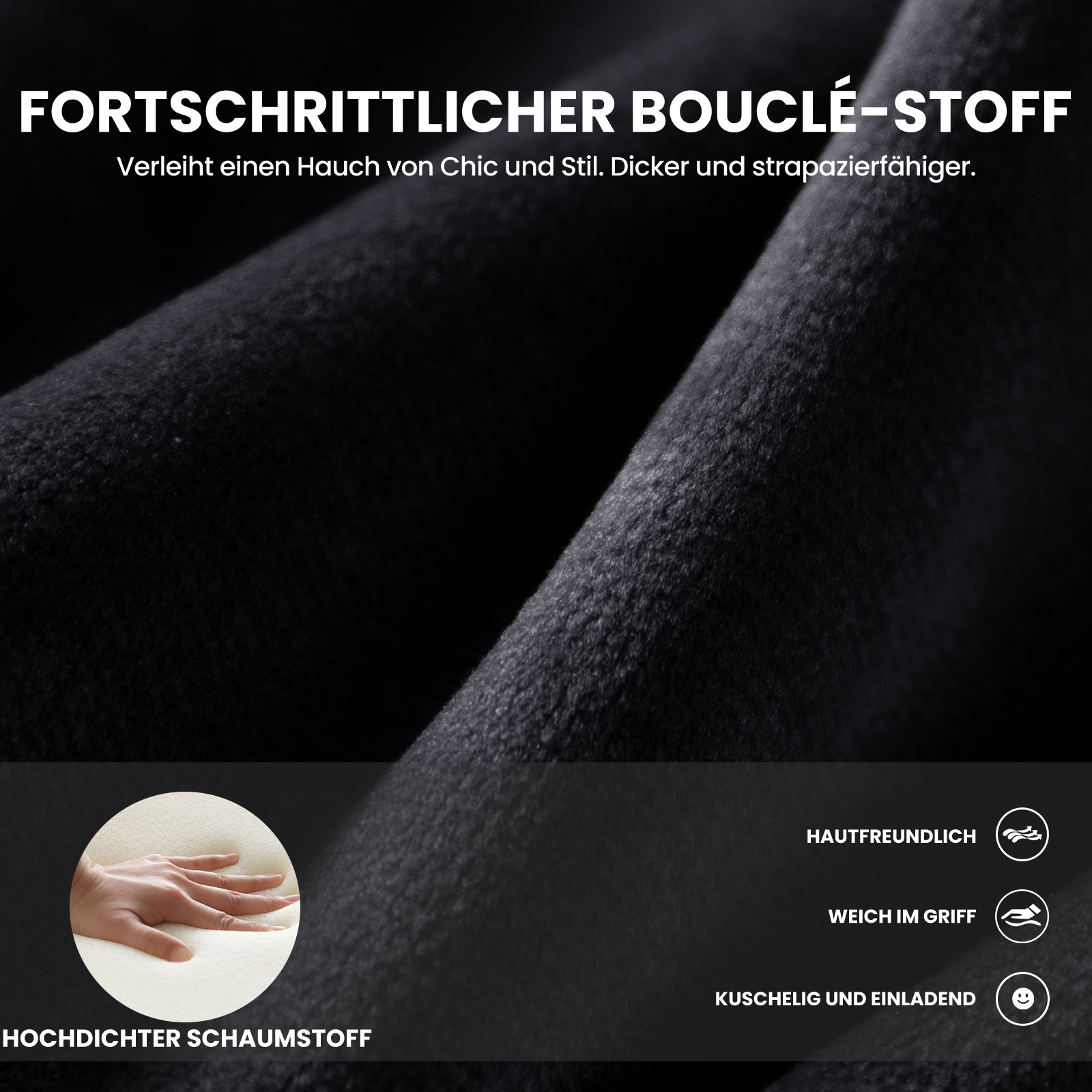 Nahaufnahme von schwarzem Bouclé-Stoff mit Text und Symbolen für Komfort.