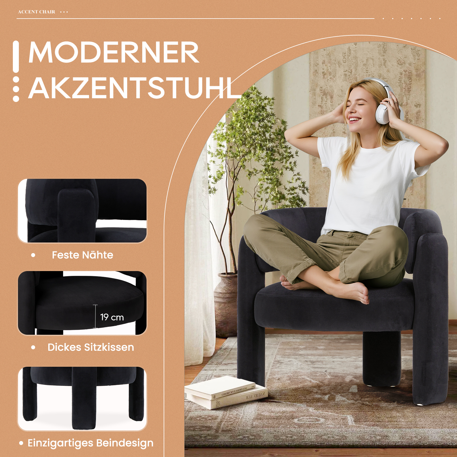 Frau mit Kopfhörern sitzt auf einem schwarzen Akzentstuhl. Detailaufnahmen zeigen Nähte und Kissen.