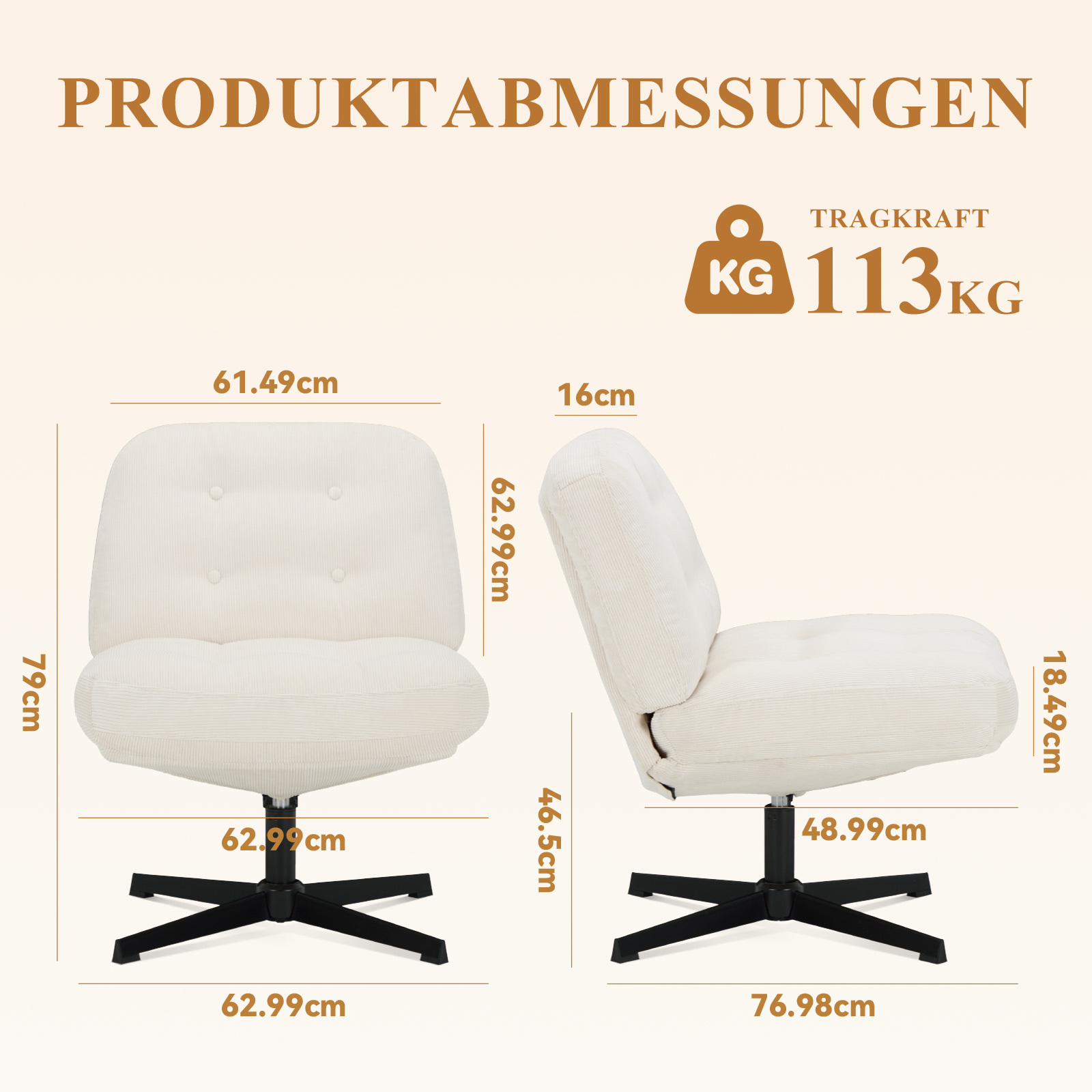 Un sillón de pana color crema con base de estrella negra. Se muestran las dimensiones.