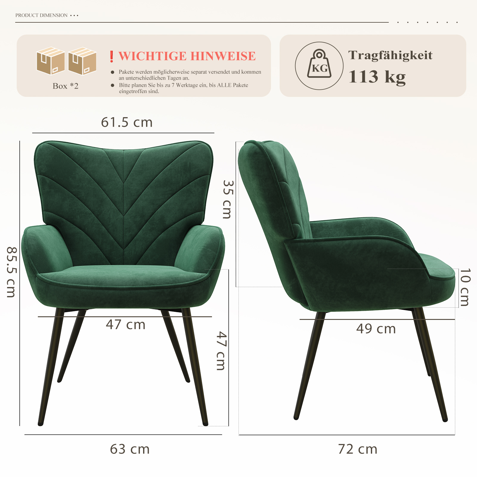 Ein grüner Sessel mit Maßen: 85,5cm H, 61,5cm B, 47cm T. Traglast 113kg.