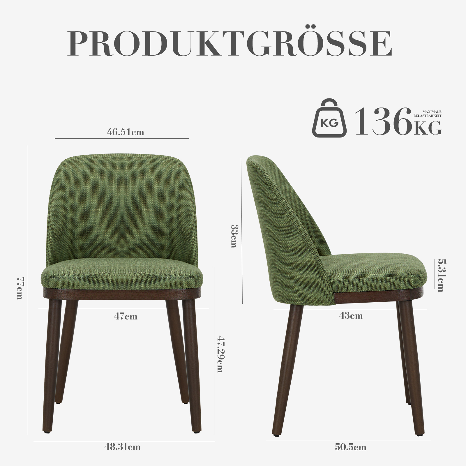 Sedia verde con gambe in legno, dimensioni e capacità di 136 kg.
