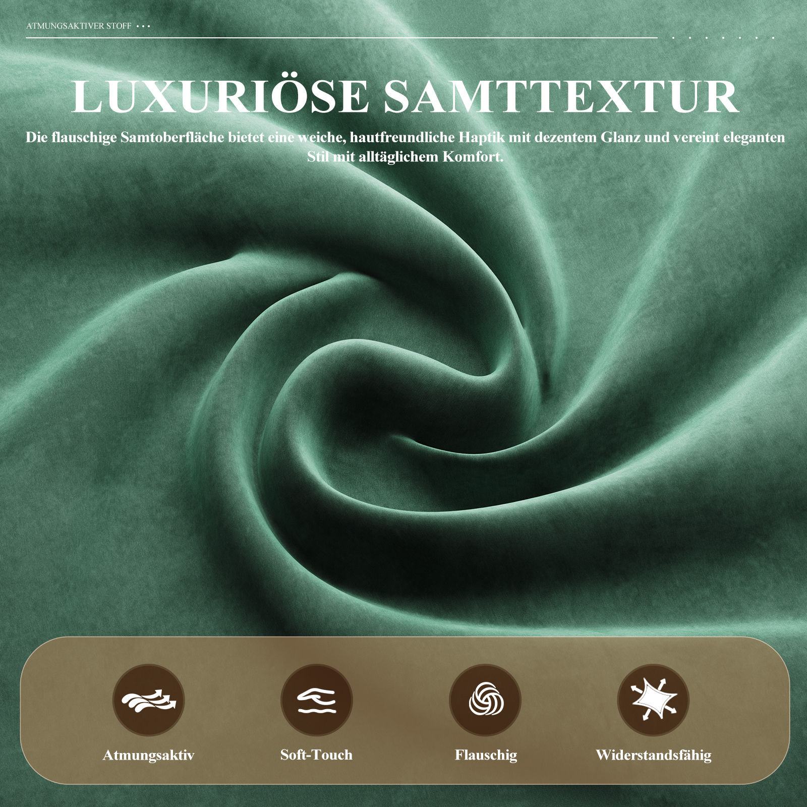 Grüner Samtstoff mit Falten und Icons für Atmungsaktiv, Soft-Touch, Flauschig, Widerstandsfähig.