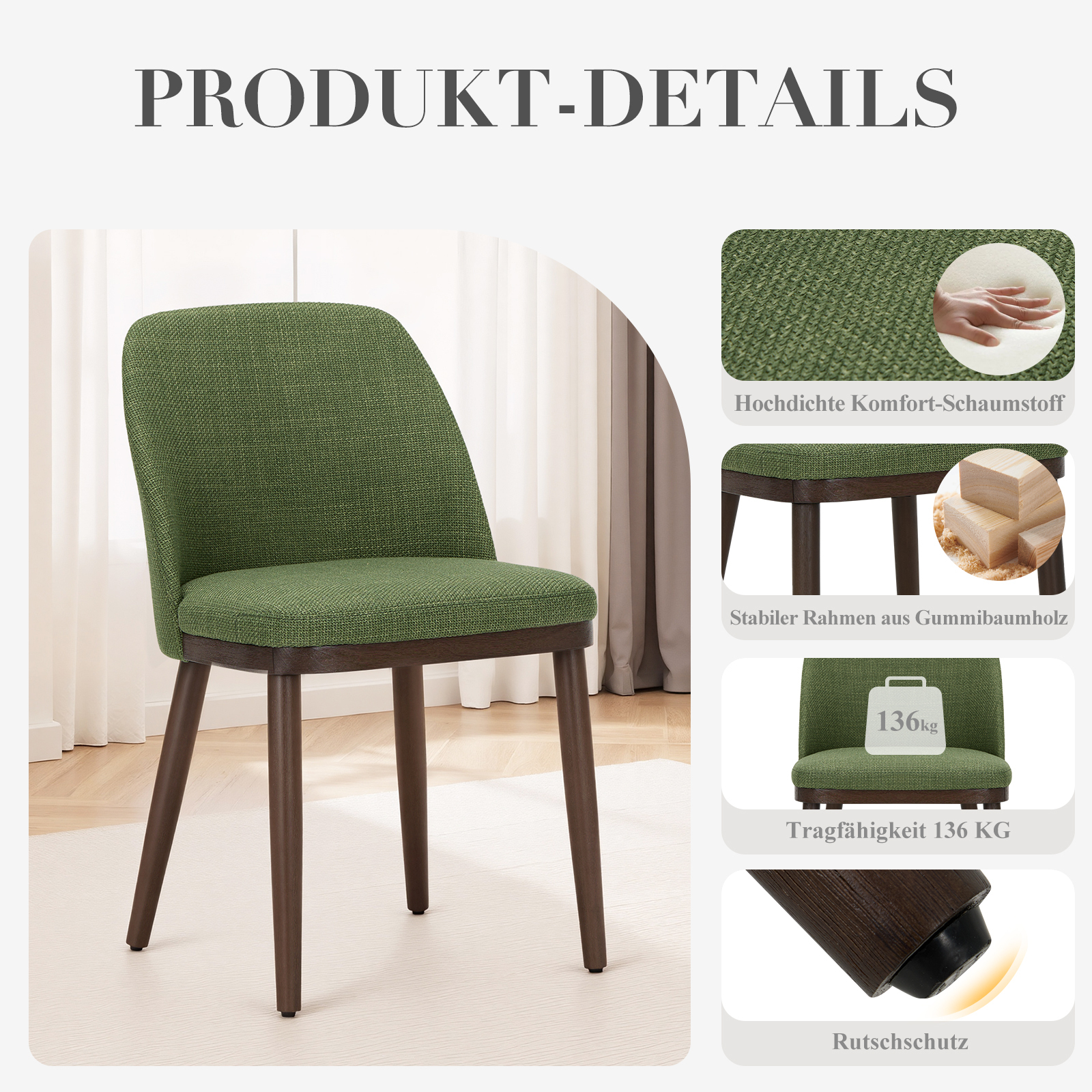 Sedia verde con gambe marrone scuro, che mostra dettagli su comfort, telaio e capacità di carico.