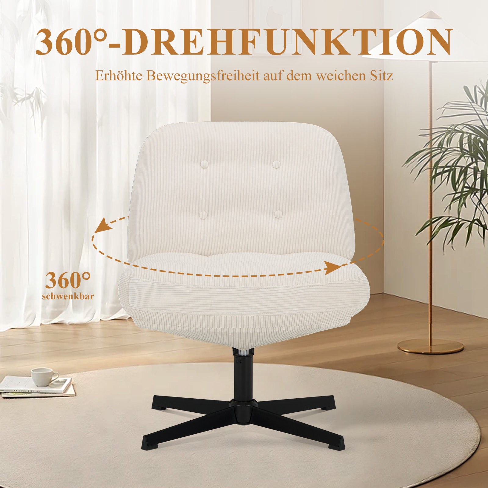 Una silla de oficina beige de tela con función giratoria 360°.