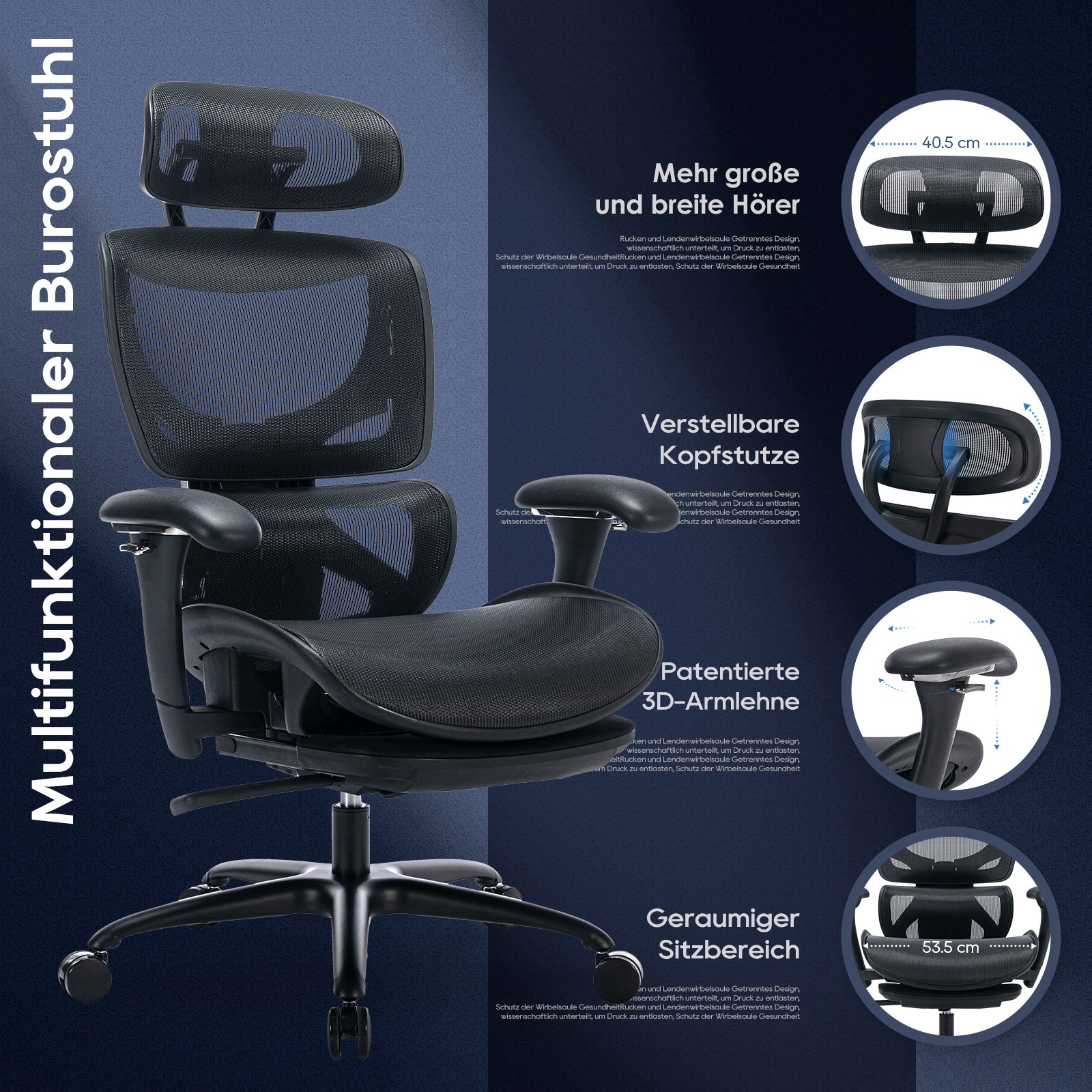 Una silla de oficina negra con reposacabezas y reposabrazos ajustables.