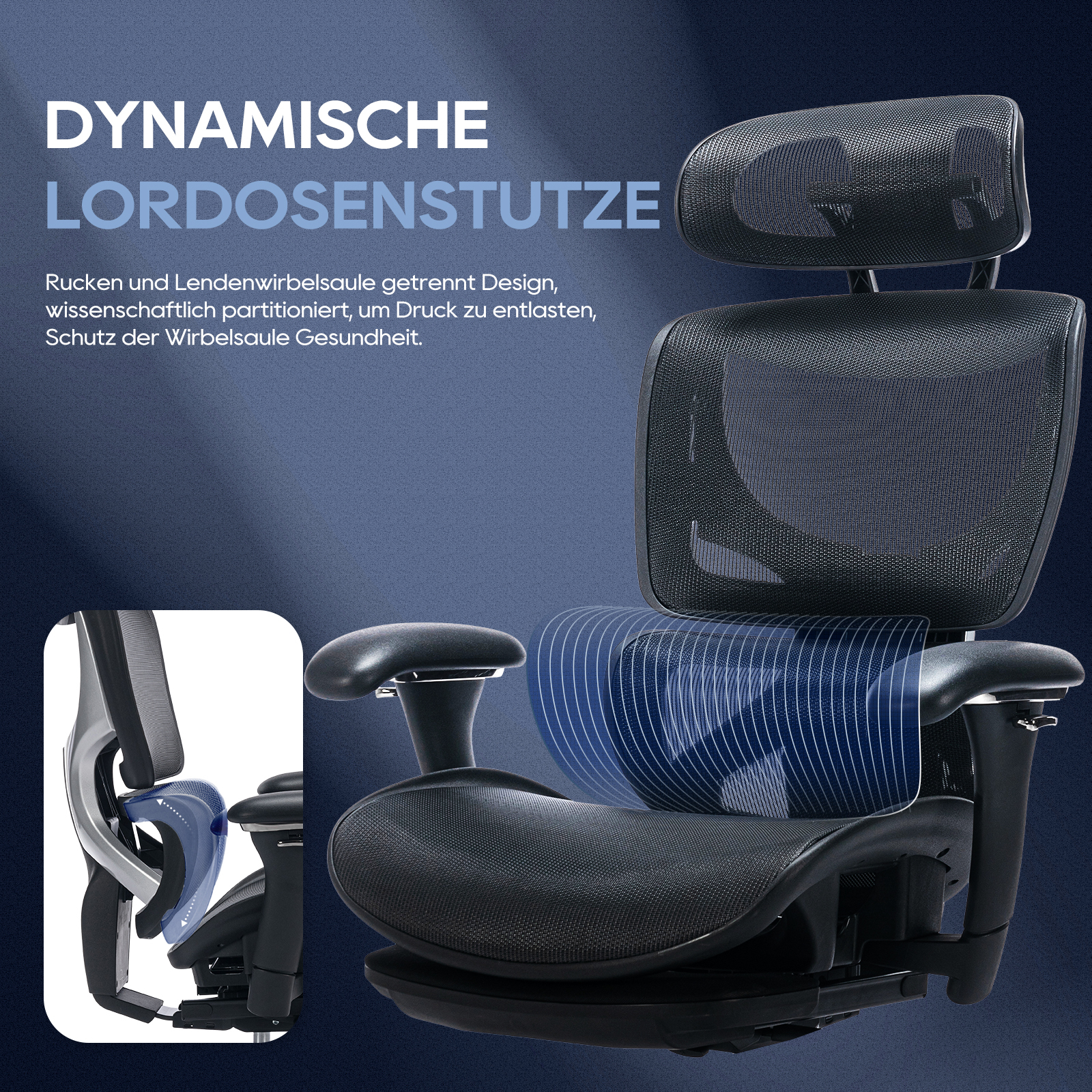 Silla de oficina negra con soporte lumbar dinámico y respaldo de malla.