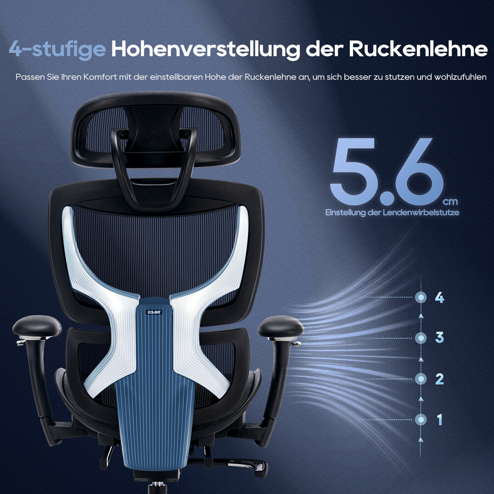 Silla de oficina negra con ajuste de respaldo de 4 niveles y soporte lumbar de 5.6cm.