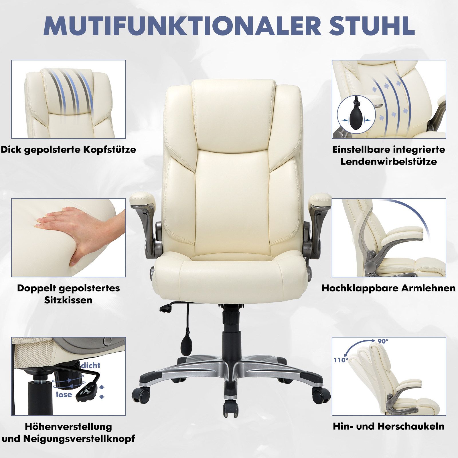 Una silla de oficina crema con reposacabezas acolchado, soporte lumbar y reposabrazos.